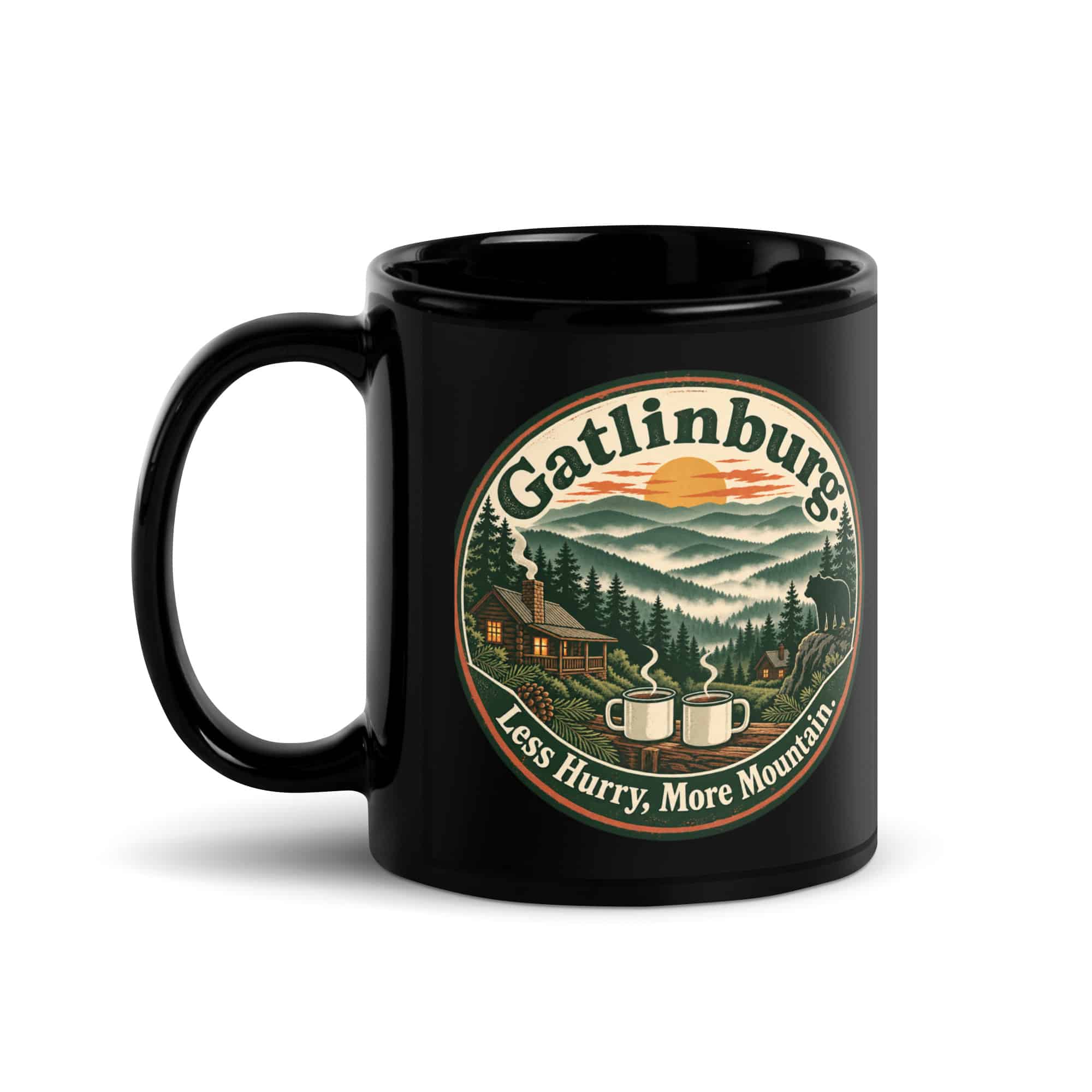 Gatlinburg and the Smokies Black Coffee Mug: Gatlinburg. Less Hurry, More Mountain, Vintage Round Badge