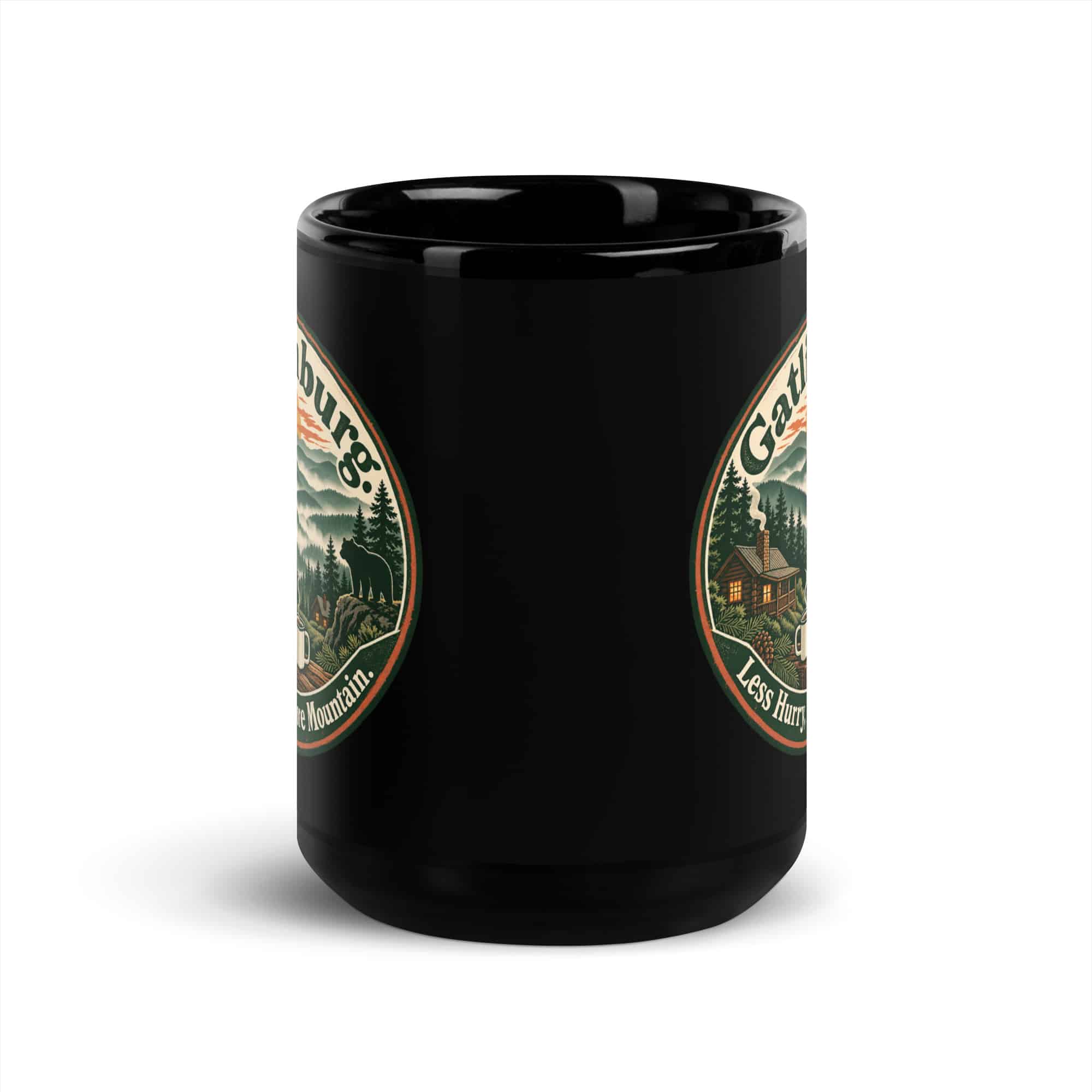 Gatlinburg and the Smokies Black Coffee Mug: Gatlinburg. Less Hurry, More Mountain, Vintage Round Badge