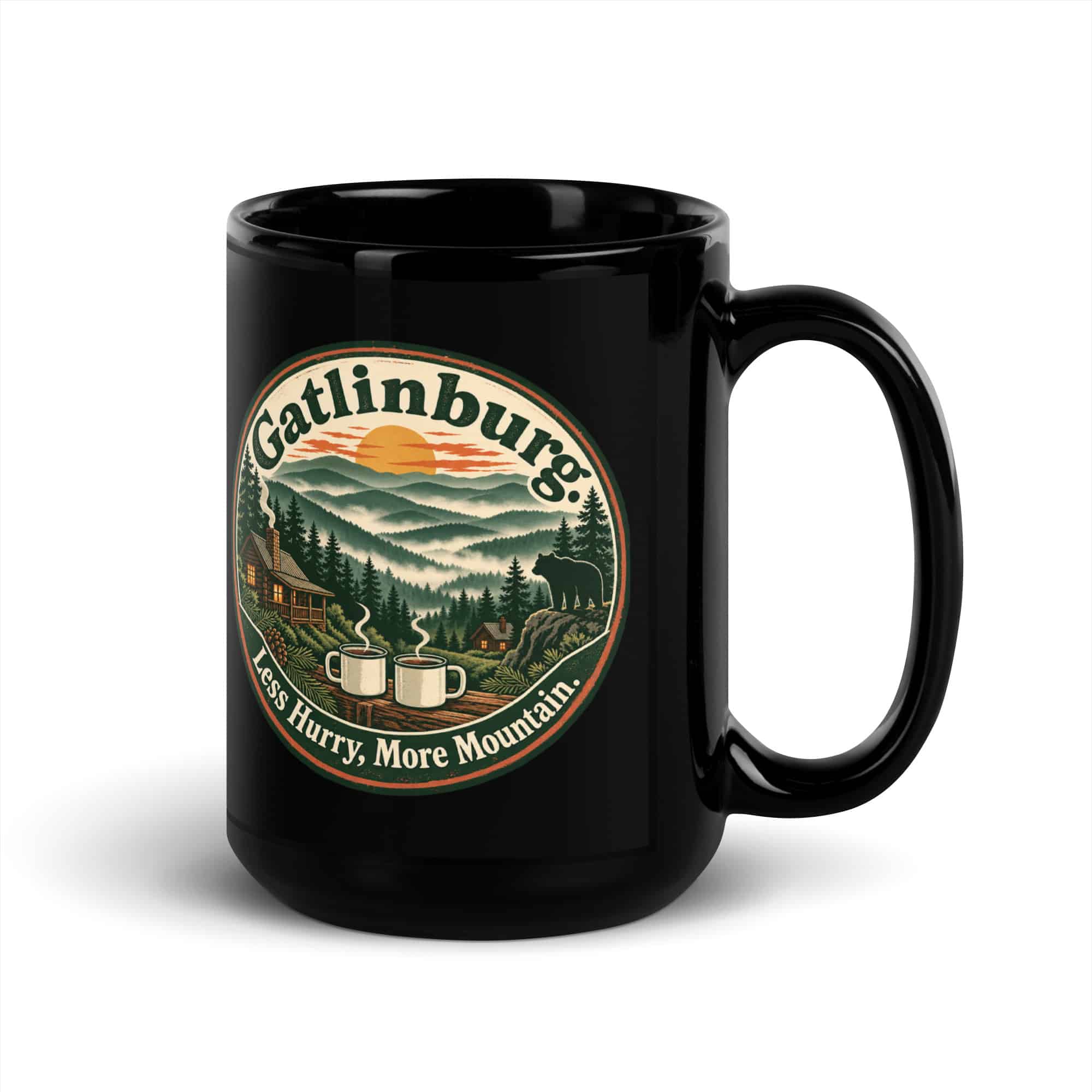 Gatlinburg and the Smokies Black Coffee Mug: Gatlinburg. Less Hurry, More Mountain, Vintage Round Badge