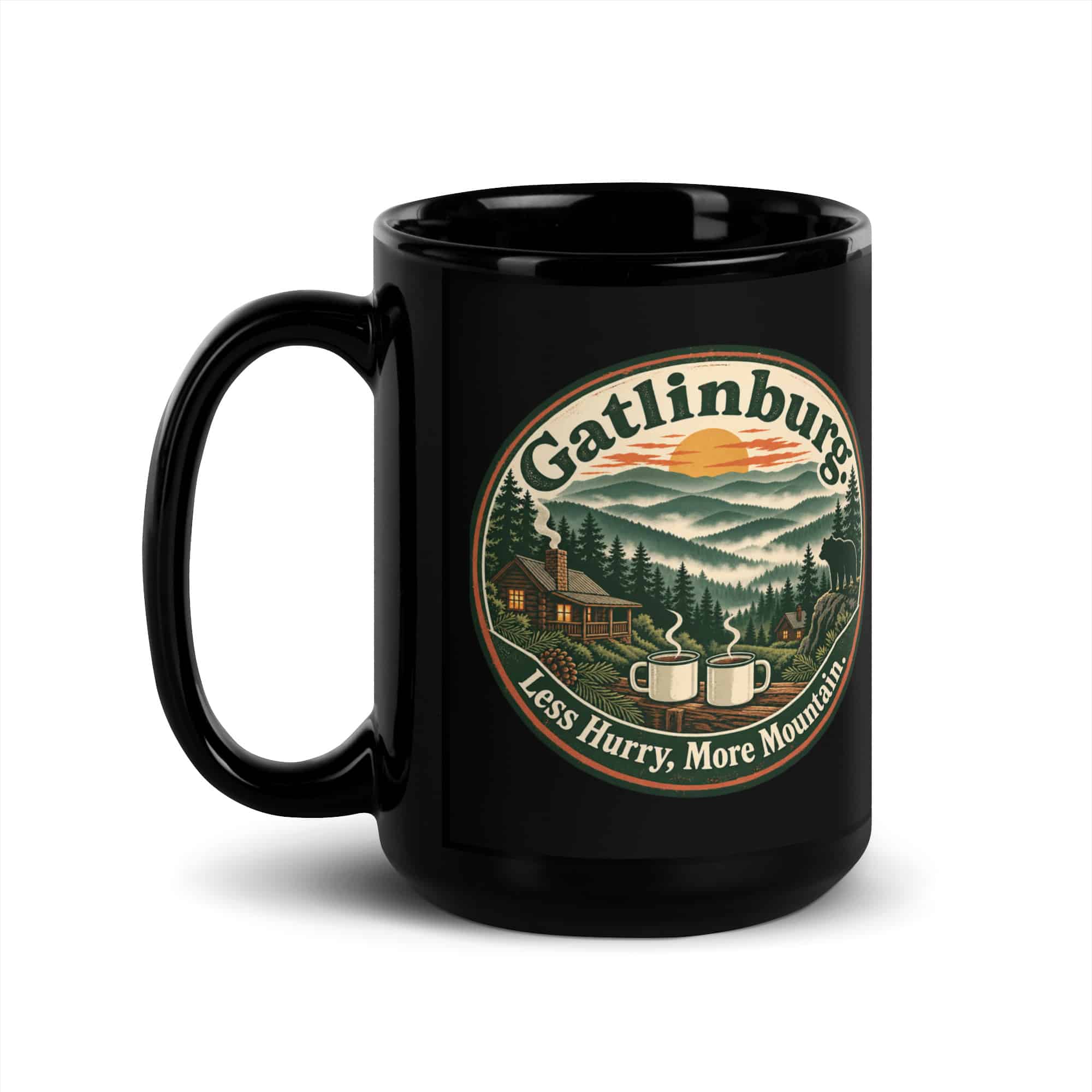 Gatlinburg and the Smokies Black Coffee Mug: Gatlinburg. Less Hurry, More Mountain, Vintage Round Badge