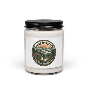 Gatlinburg and the Smokies Soy Wax Candle: Gatlinburg. Less Hurry, More Mountain, Vintage Round Badge - 9oz - Main