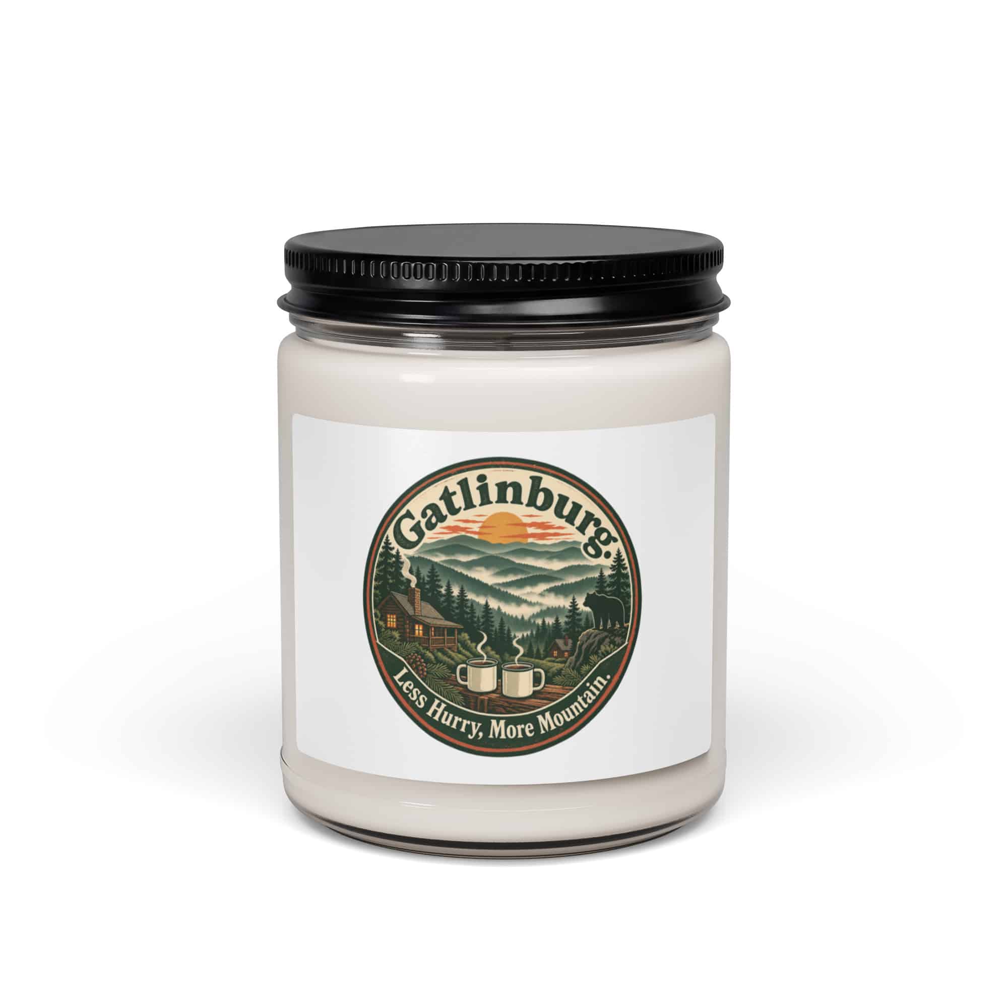 Gatlinburg and the Smokies Soy Wax Candle: Gatlinburg. Less Hurry, More Mountain, Vintage Round Badge