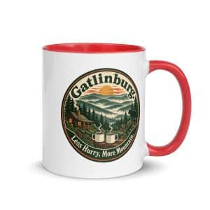 Gatlinburg and the Smokies Color Inside Coffee Mug: Gatlinburg. Less Hurry, More Mountain, Vintage Round Badge - 11 oz - Main