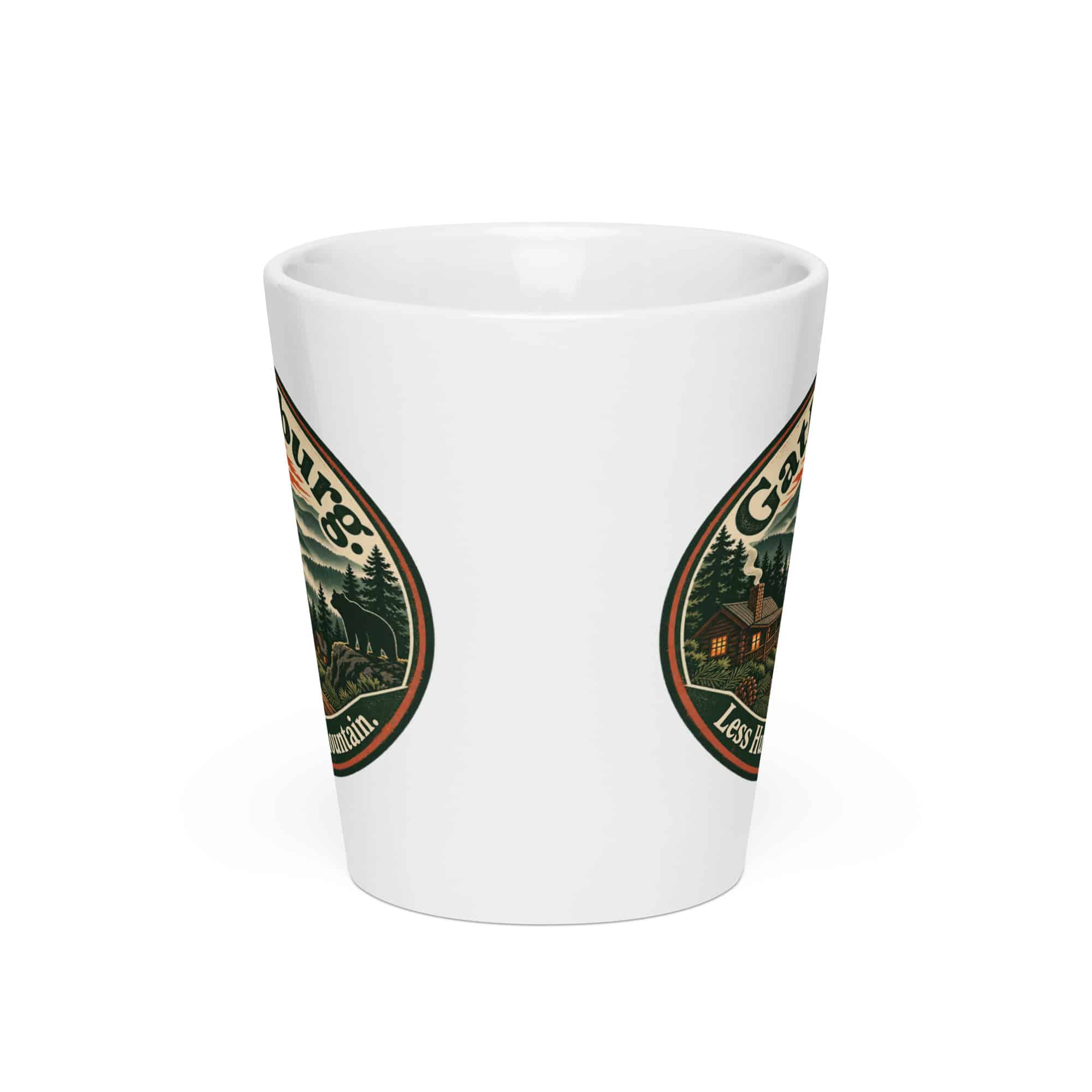 Gatlinburg and the Smokies Latte Mug: Gatlinburg. Less Hurry, More Mountain, Vintage Round Badge