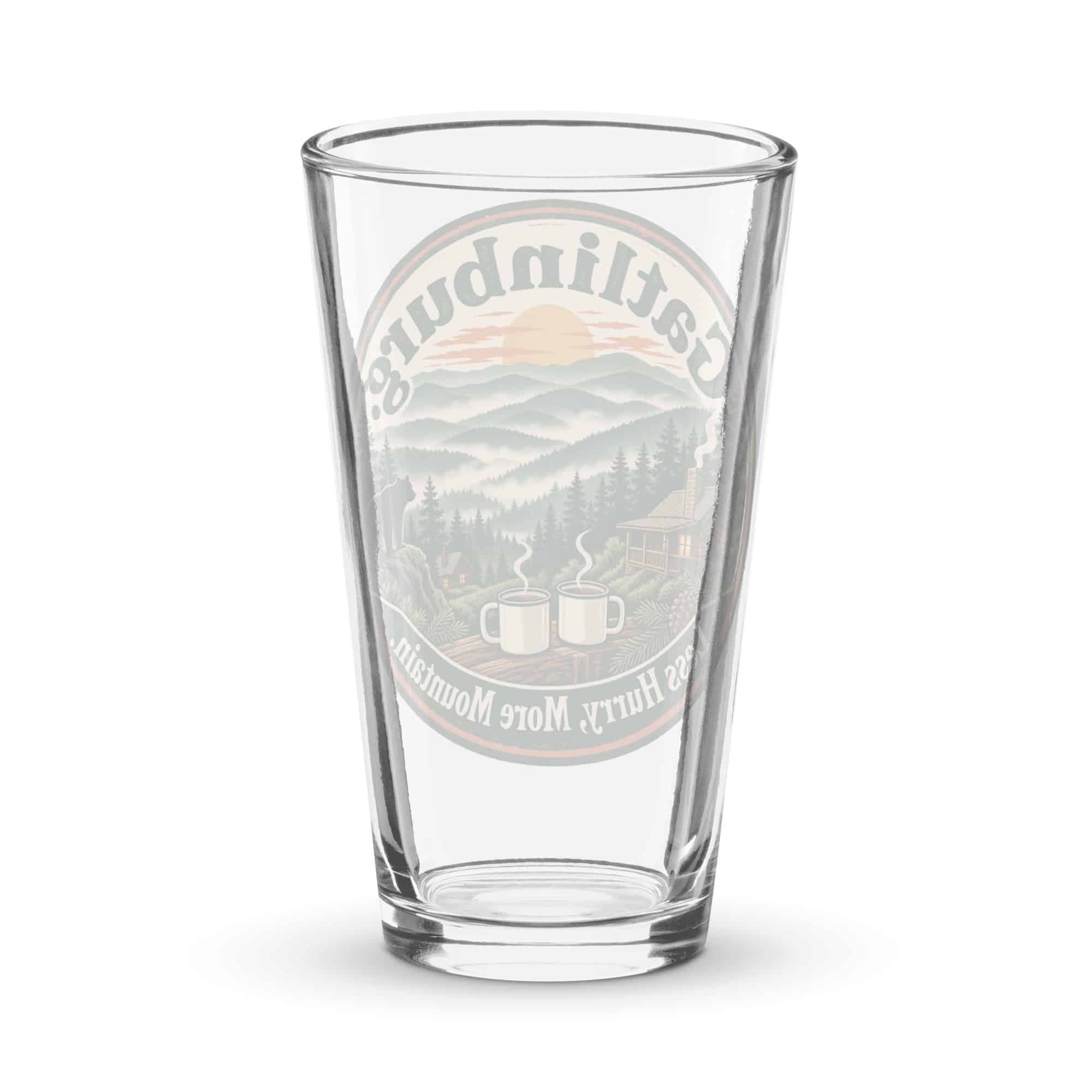 Gatlinburg and the Smokies Pint Glass: Gatlinburg. Less Hurry, More Mountain, Vintage Round Badge