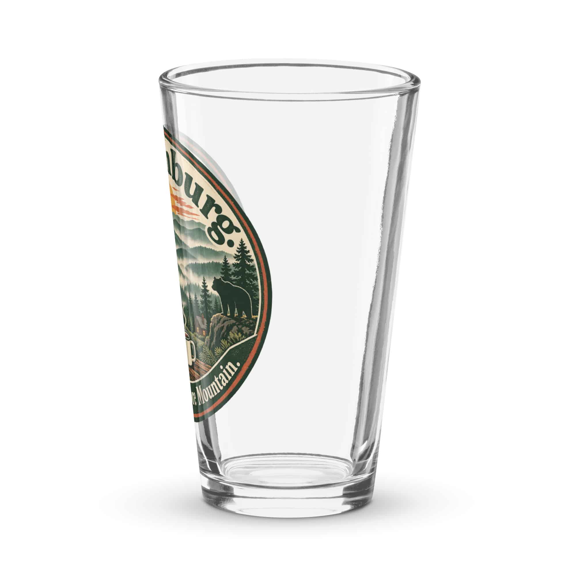 Gatlinburg and the Smokies Pint Glass: Gatlinburg. Less Hurry, More Mountain, Vintage Round Badge