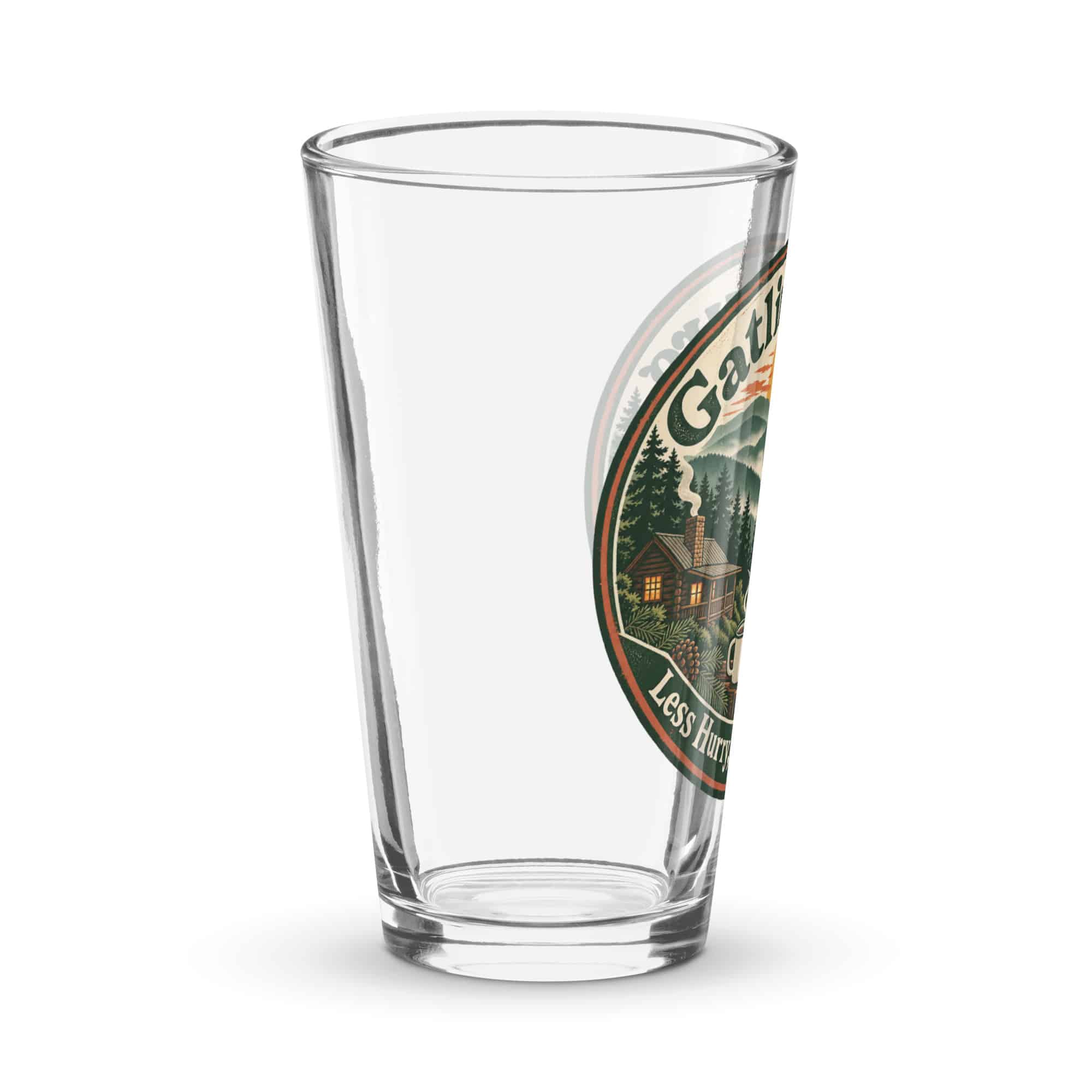 Gatlinburg and the Smokies Pint Glass: Gatlinburg. Less Hurry, More Mountain, Vintage Round Badge