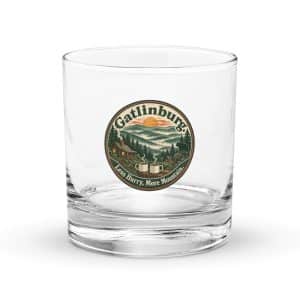 Gatlinburg and the Smokies Rocks Glass: Gatlinburg. Less Hurry, More Mountain, Vintage Round Badge - 10.5 oz - Main