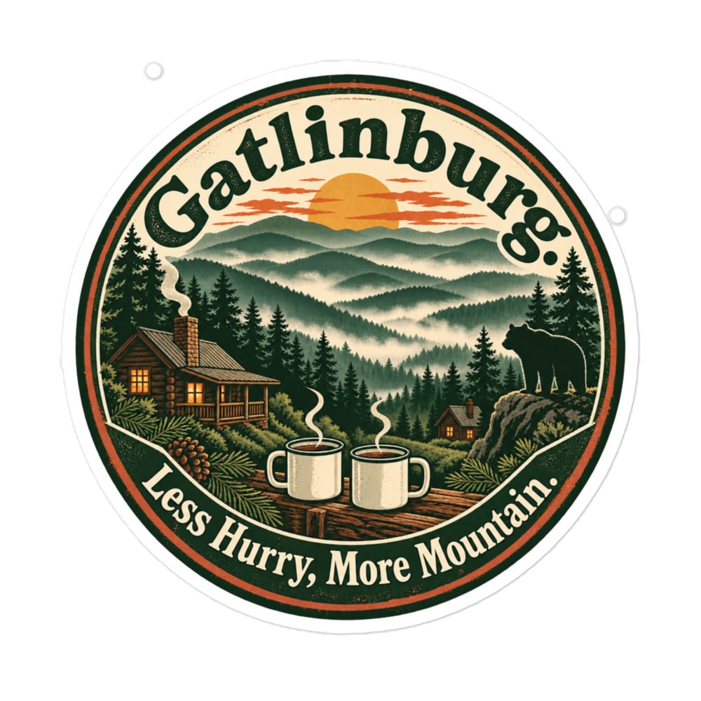 Gatlinburg and the Smokies Vinyl Sticker: Gatlinburg. Less Hurry, More Mountain, Vintage Round Badge