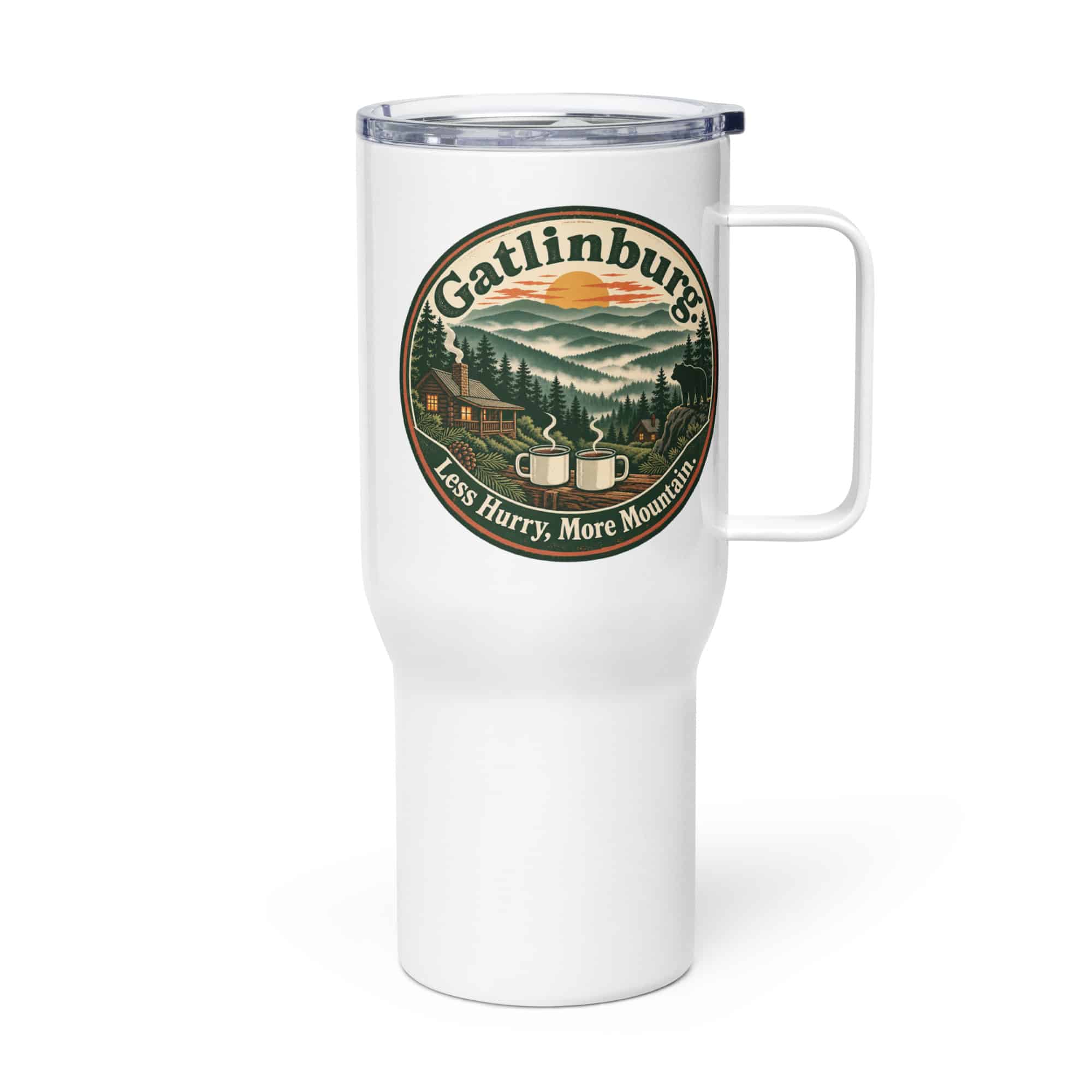 Gatlinburg and the Smokies Travel Mug: Gatlinburg. Less Hurry, More Mountain, Vintage Round Badge