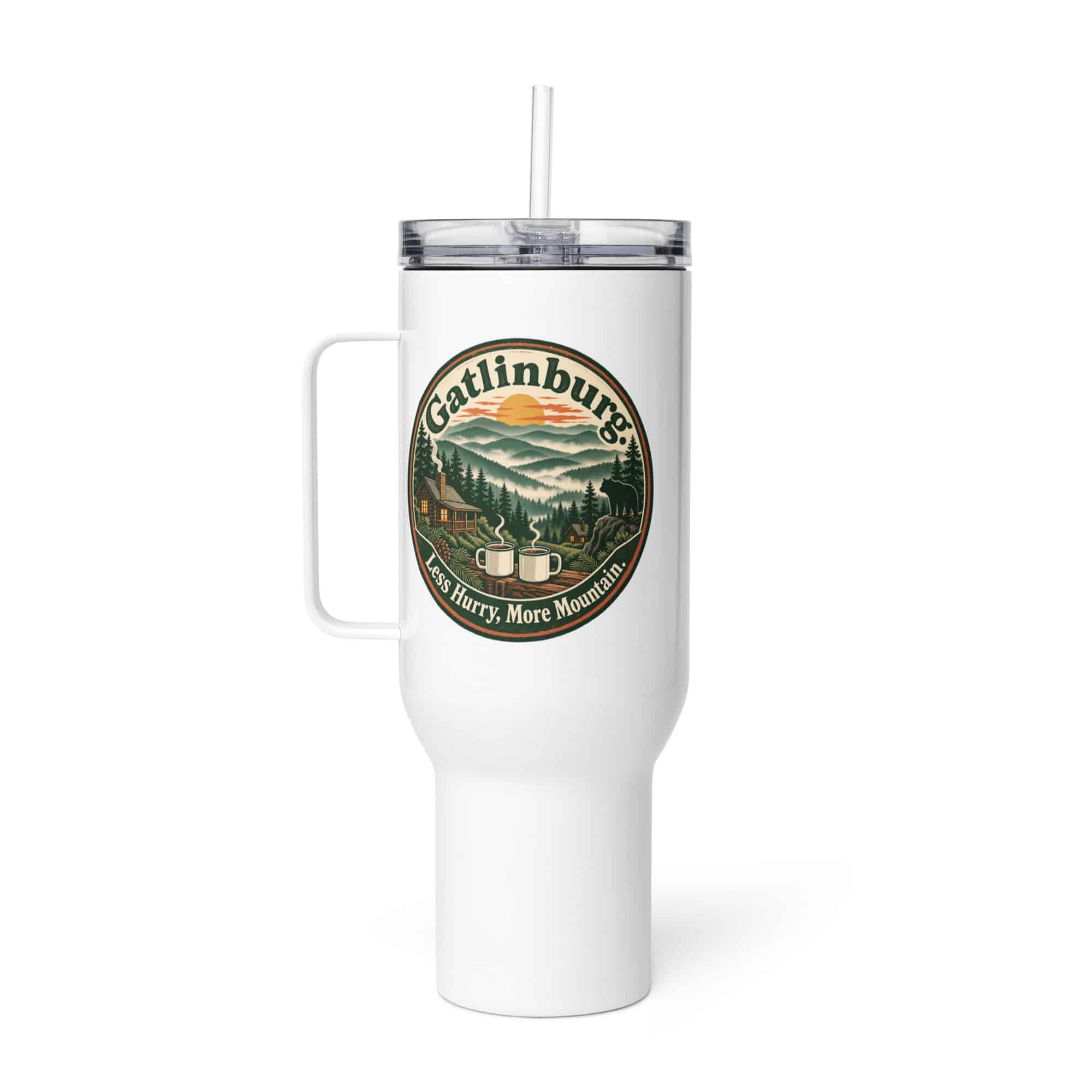 Gatlinburg and the Smokies Travel Mug: Gatlinburg. Less Hurry, More Mountain, Vintage Round Badge