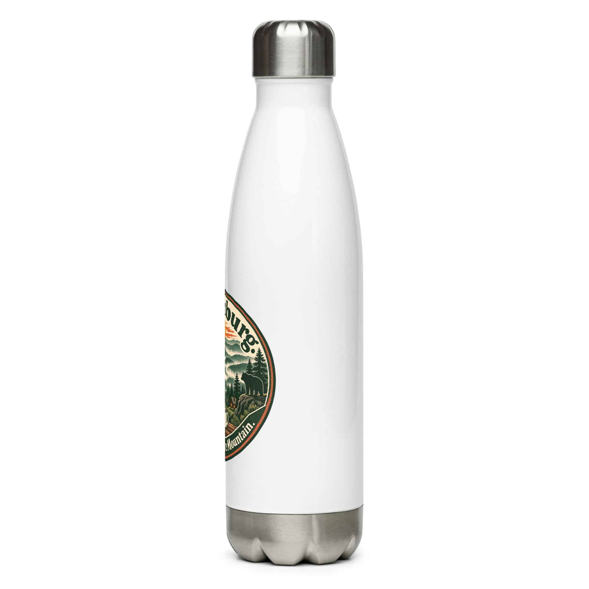 Gatlinburg and the Smokies Stainless Steel Water Bottle: Gatlinburg. Less Hurry, More Mountain, Vintage Round Badge