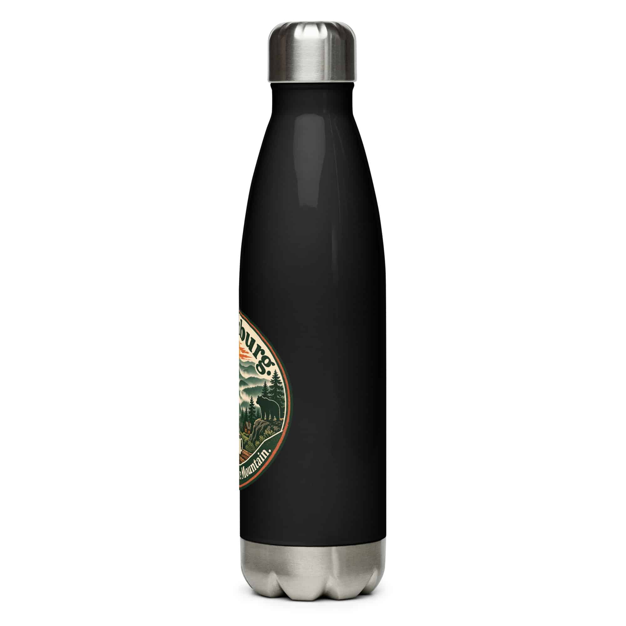 Gatlinburg and the Smokies Stainless Steel Water Bottle: Gatlinburg. Less Hurry, More Mountain, Vintage Round Badge