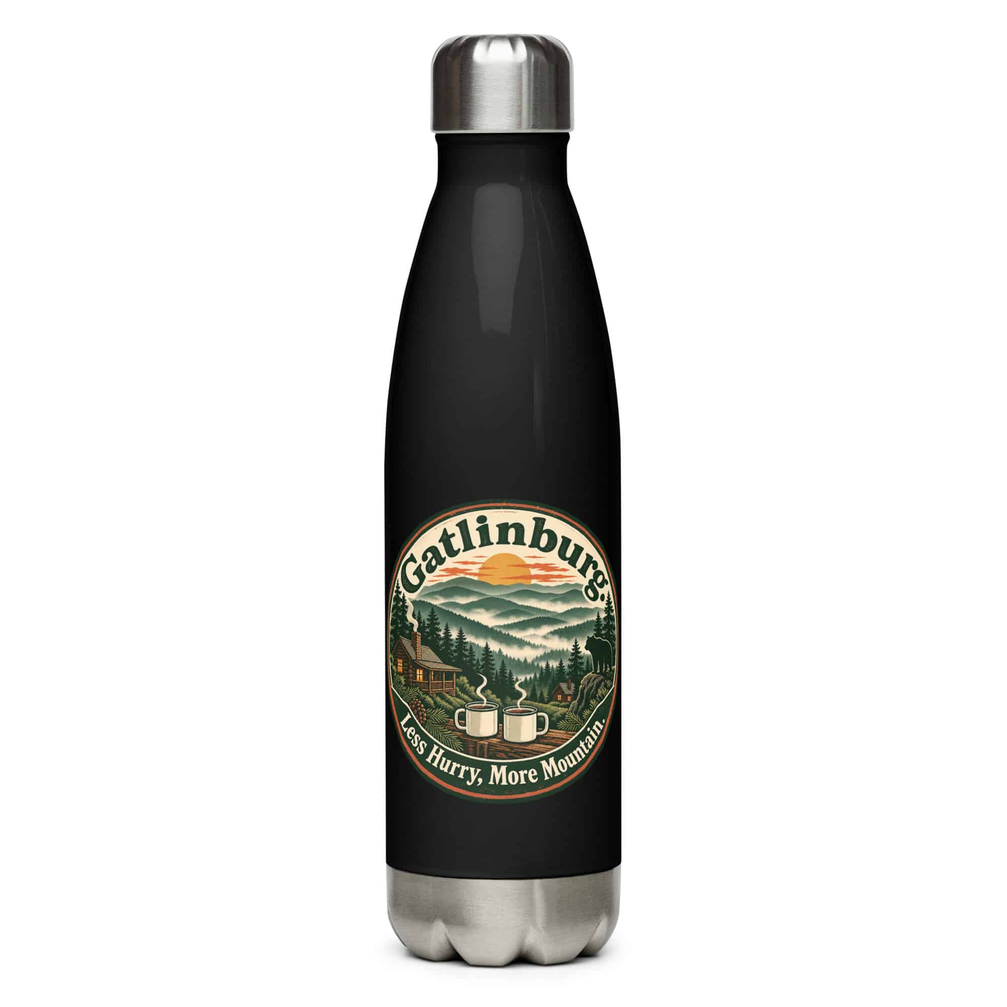 Gatlinburg and the Smokies Stainless Steel Water Bottle: Gatlinburg. Less Hurry, More Mountain, Vintage Round Badge