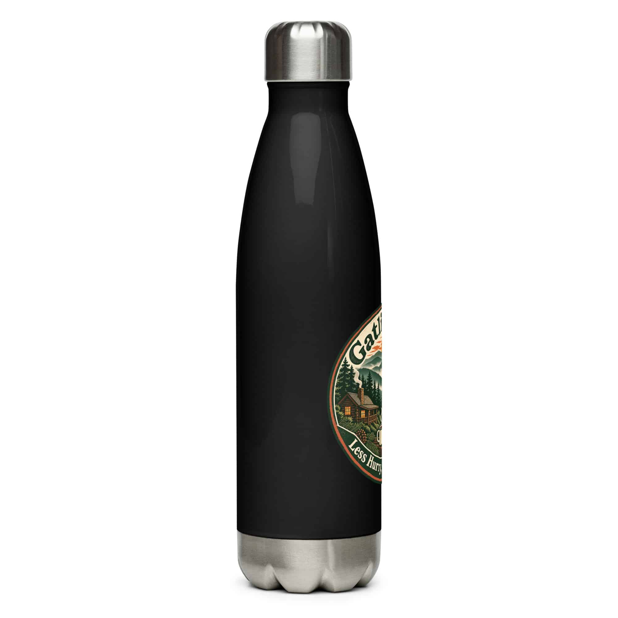 Gatlinburg and the Smokies Stainless Steel Water Bottle: Gatlinburg. Less Hurry, More Mountain, Vintage Round Badge