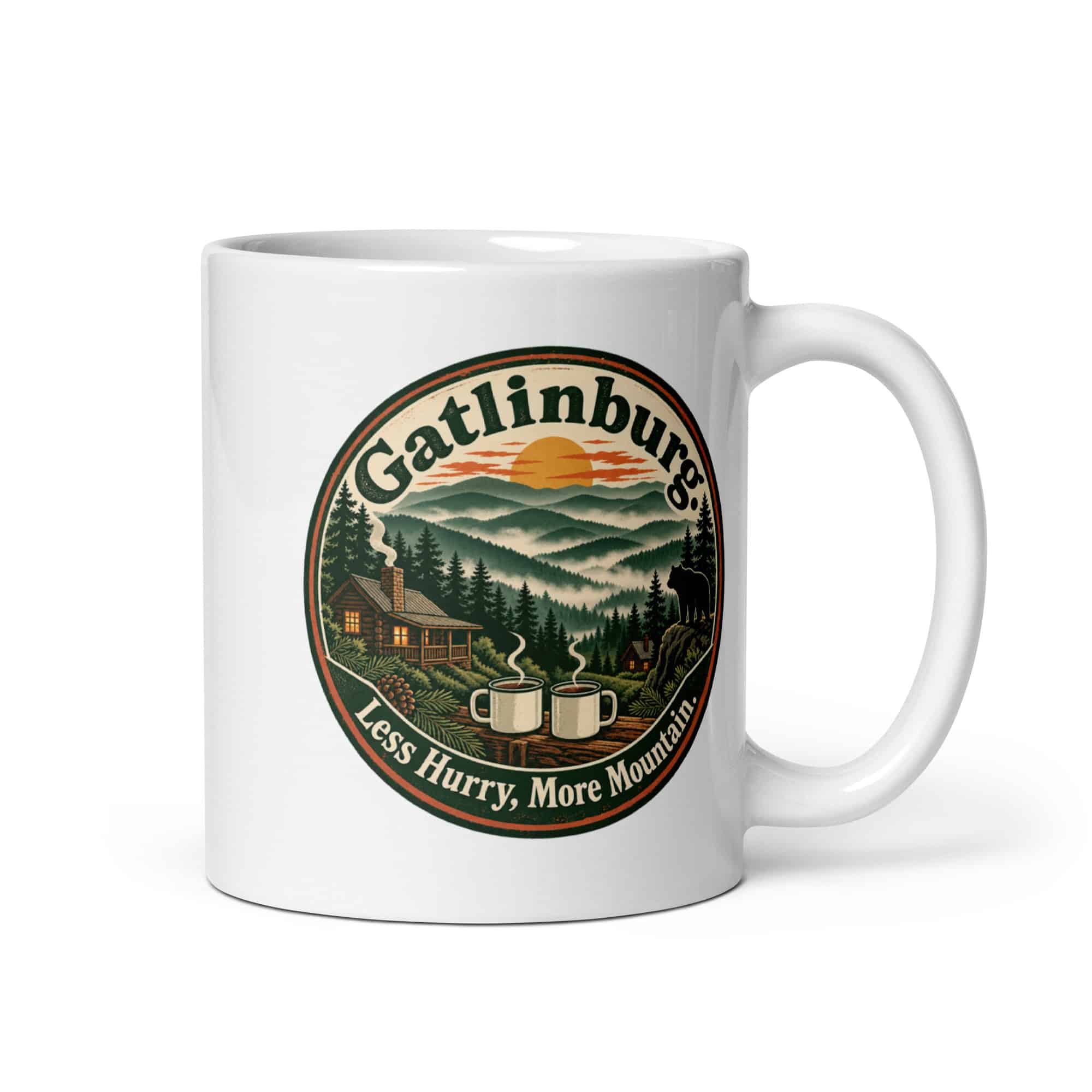 Gatlinburg and the Smokies White Ceramic Coffee Mug: Gatlinburg. Less Hurry, More Mountain, Vintage Round Badge