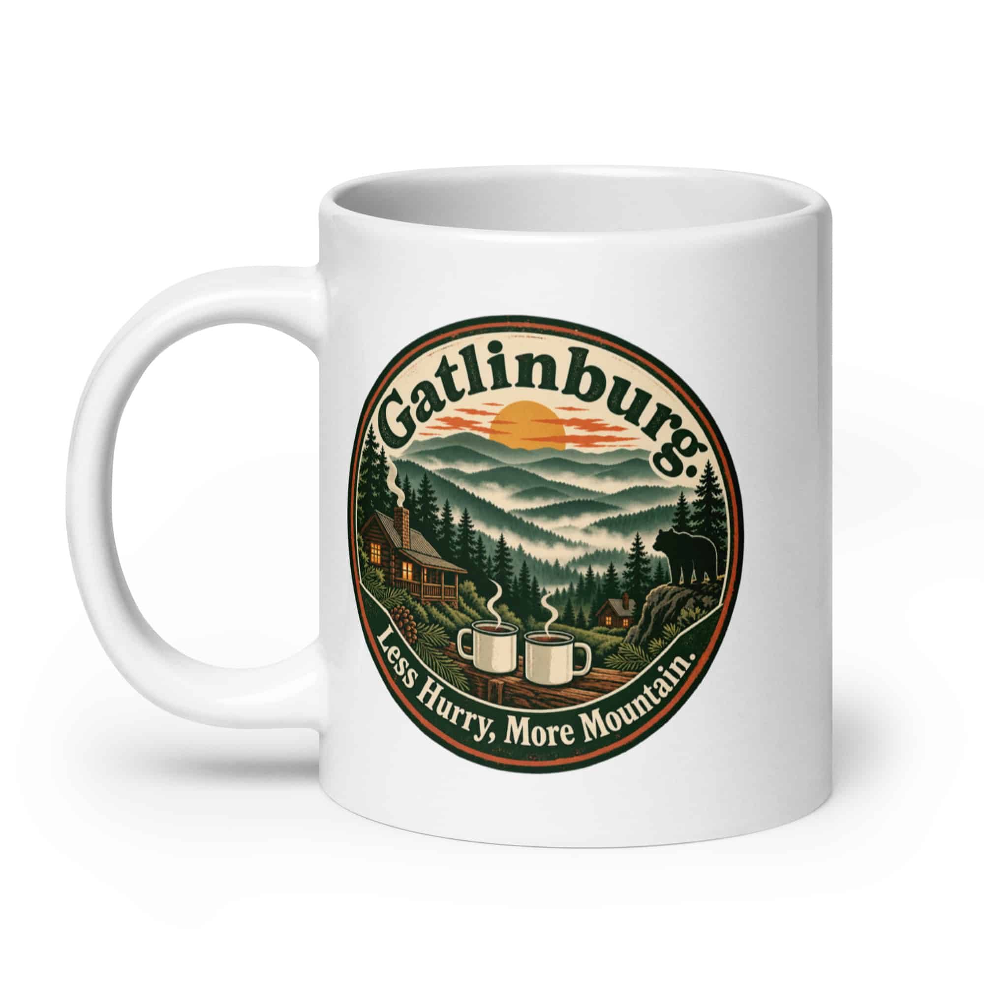 Gatlinburg and the Smokies White Ceramic Coffee Mug: Gatlinburg. Less Hurry, More Mountain, Vintage Round Badge