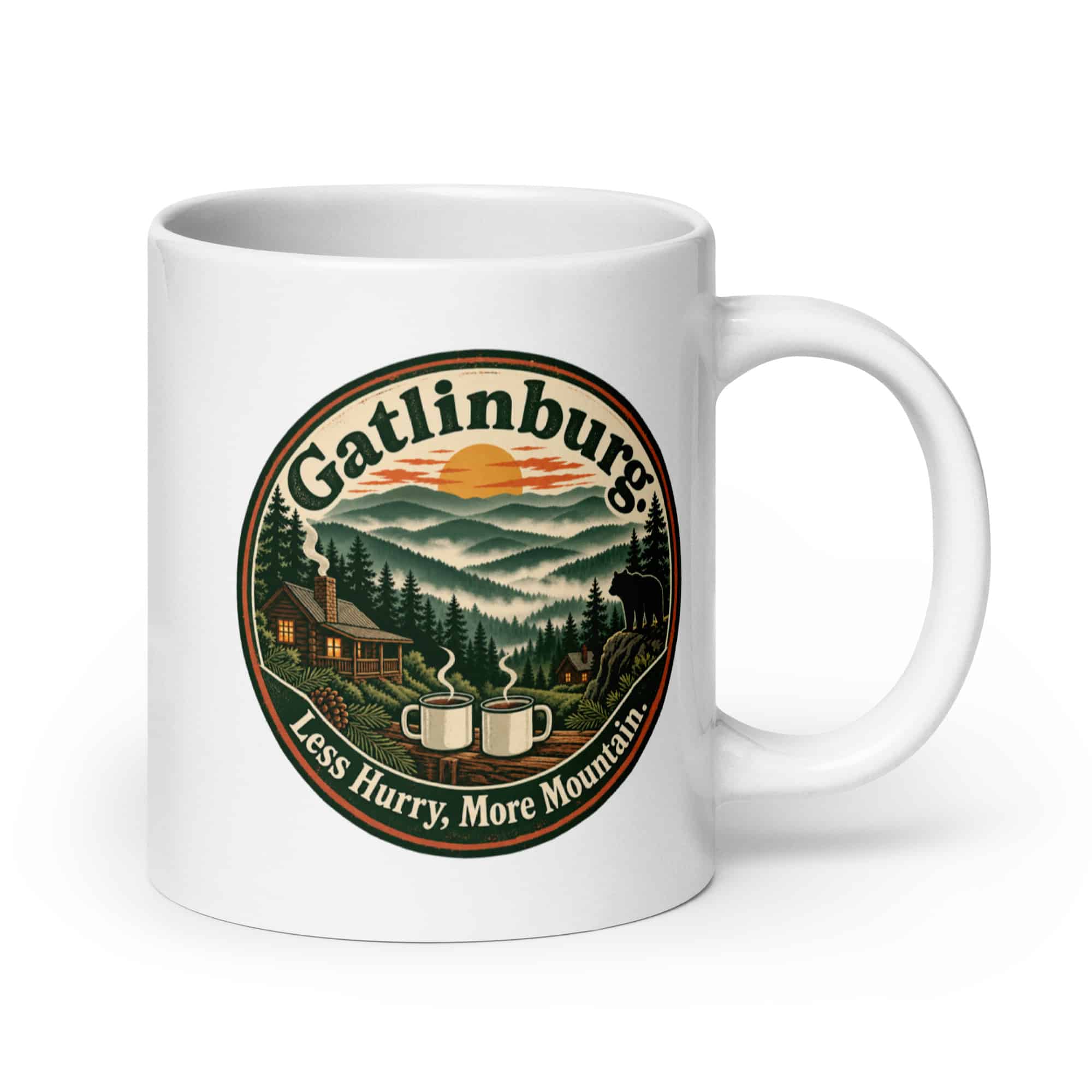 Gatlinburg and the Smokies White Ceramic Coffee Mug: Gatlinburg. Less Hurry, More Mountain, Vintage Round Badge