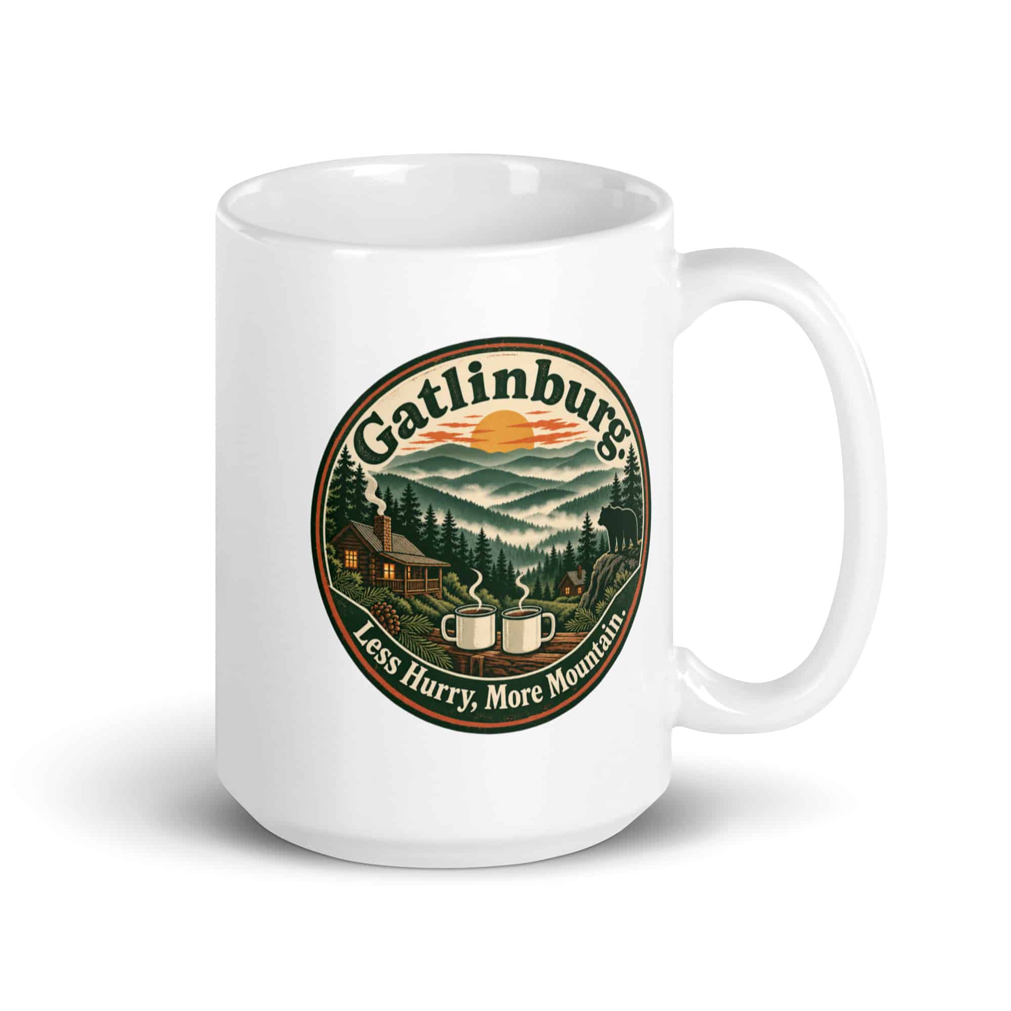 Gatlinburg and the Smokies White Ceramic Coffee Mug: Gatlinburg. Less Hurry, More Mountain, Vintage Round Badge