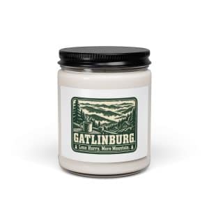 Gatlinburg and the Smokies Soy Wax Candle: Gatlinburg. Less Hurry, More Mountain, Forest Ink Stamp - 9oz - Main
