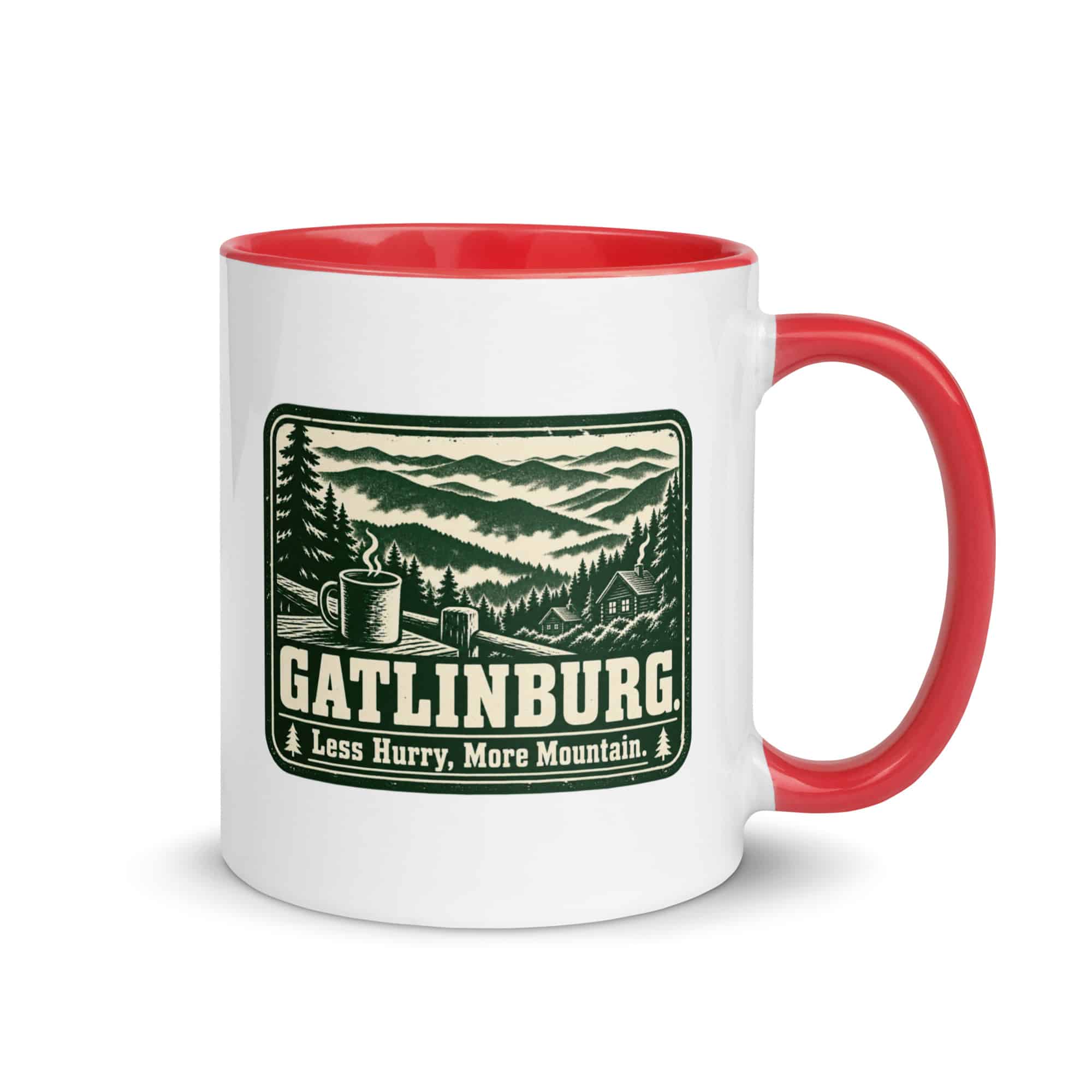 Gatlinburg and the Smokies Color Inside Coffee Mug: Gatlinburg. Less Hurry, More Mountain, Forest Ink Stamp