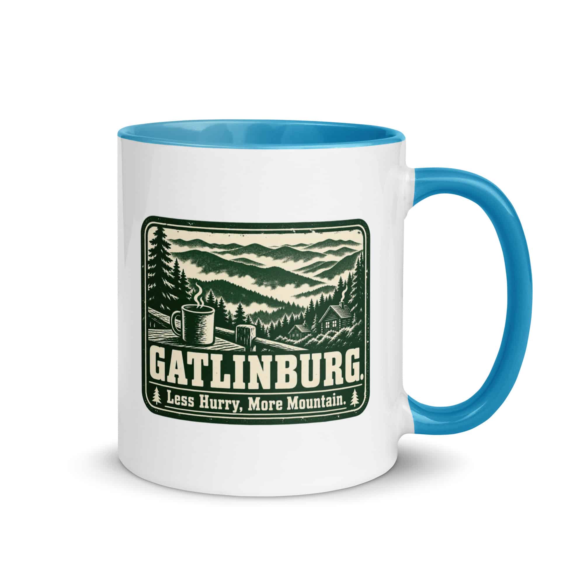 Gatlinburg and the Smokies Color Inside Coffee Mug: Gatlinburg. Less Hurry, More Mountain, Forest Ink Stamp