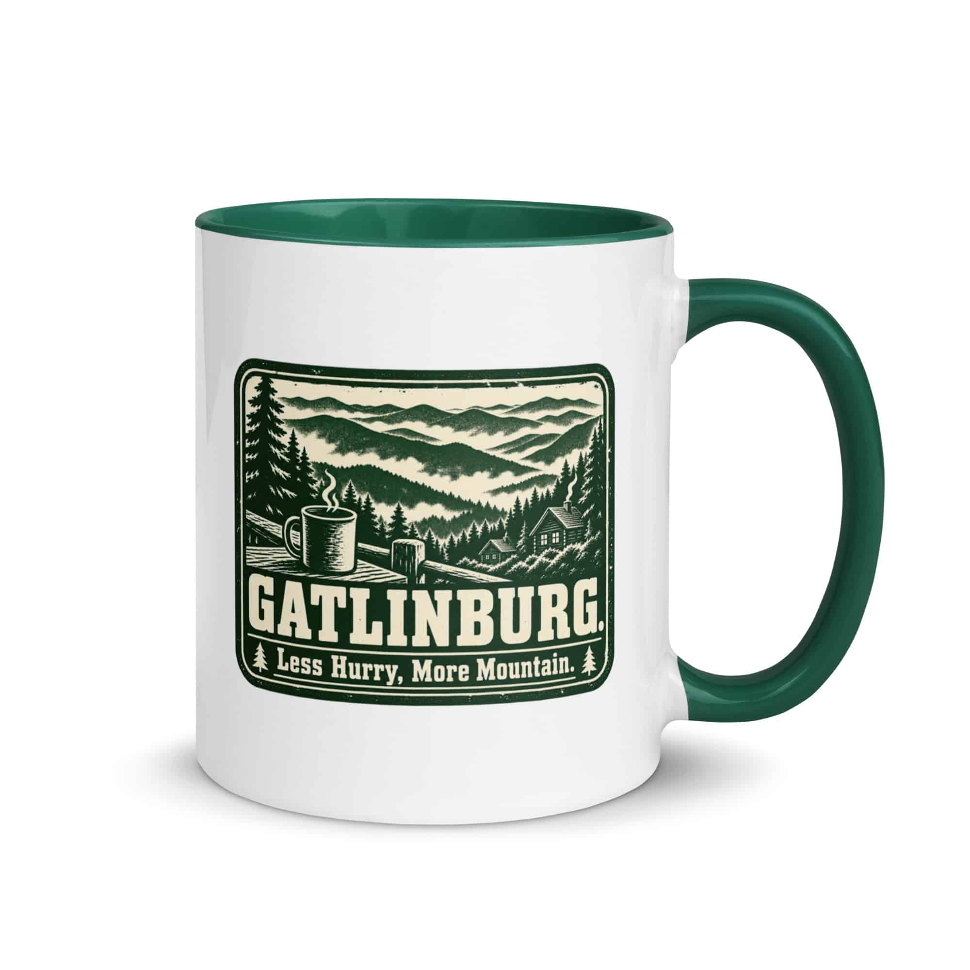 Gatlinburg and the Smokies Color Inside Coffee Mug: Gatlinburg. Less Hurry, More Mountain, Forest Ink Stamp