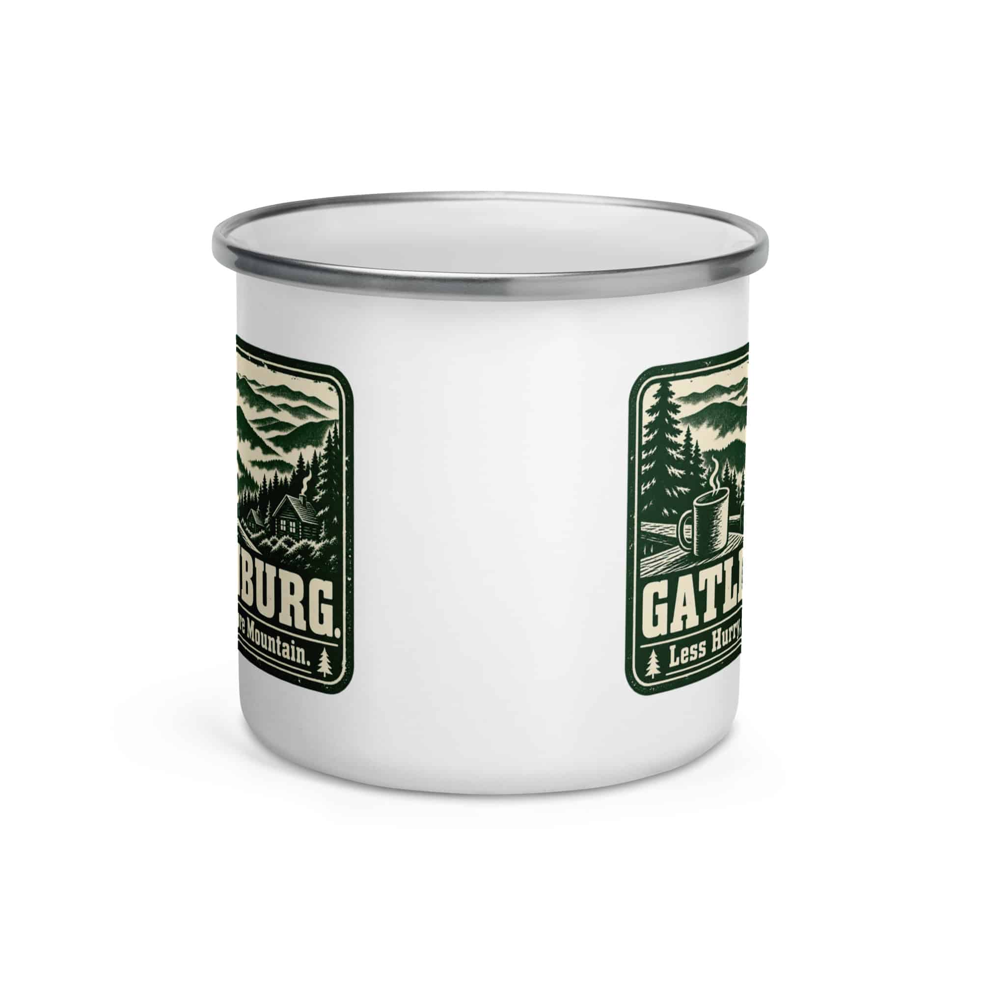 Gatlinburg and the Smokies Enamel Camp Mug: Gatlinburg. Less Hurry, More Mountain, Forest Ink Stamp