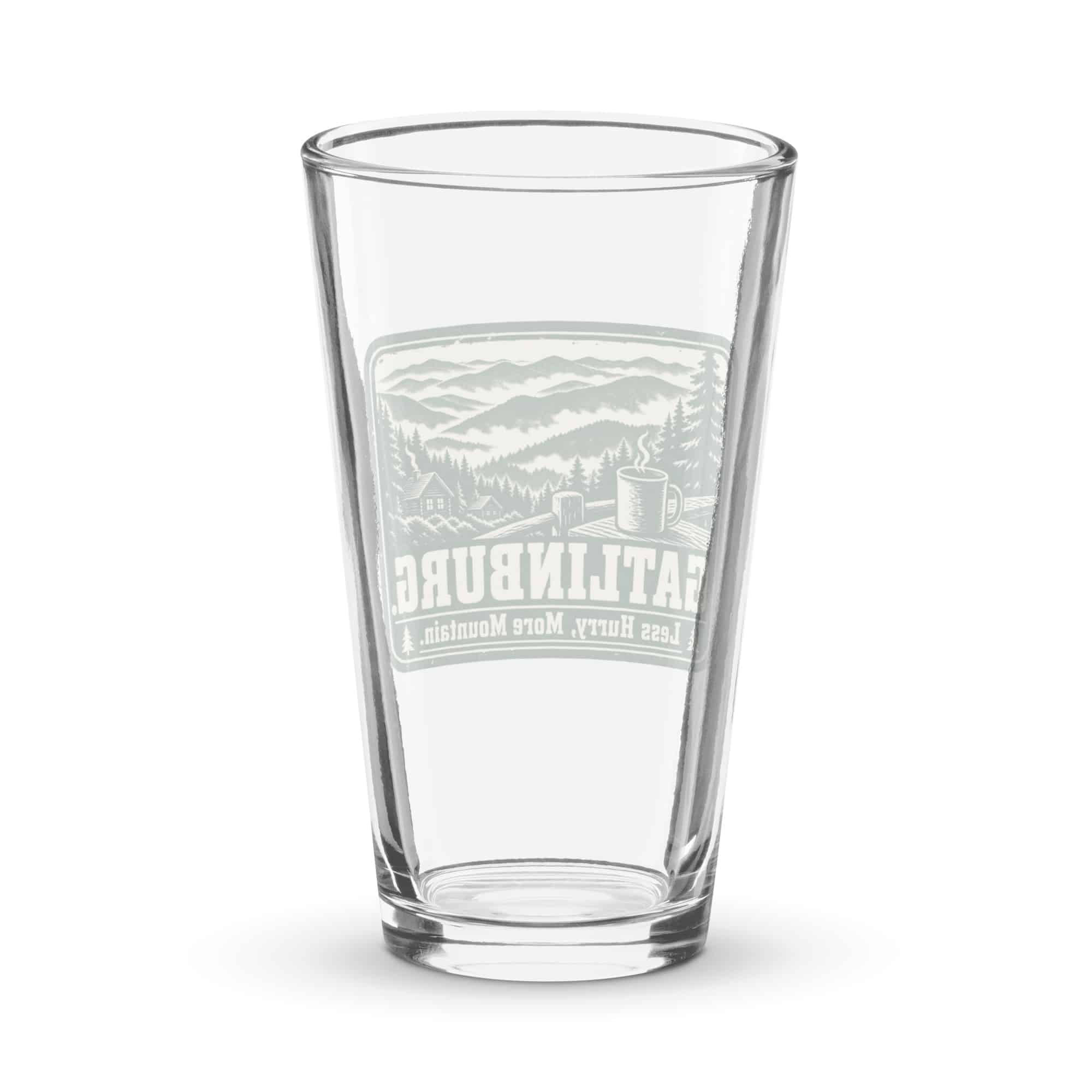 Gatlinburg and the Smokies Pint Glass: Gatlinburg. Less Hurry, More Mountain, Forest Ink Stamp
