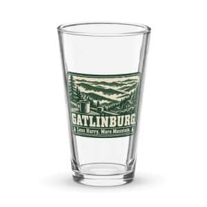 Gatlinburg and the Smokies Pint Glass: Gatlinburg. Less Hurry, More Mountain, Forest Ink Stamp - 16 oz - Main