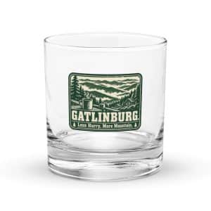 Gatlinburg and the Smokies Rocks Glass: Gatlinburg. Less Hurry, More Mountain, Forest Ink Stamp - 10.5 oz - Main