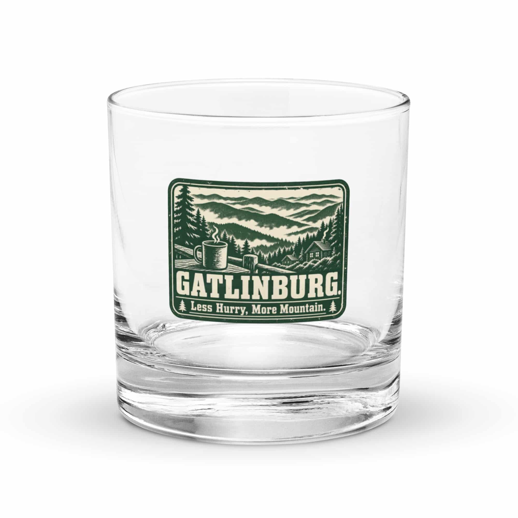 Gatlinburg and the Smokies Rocks Glass: Gatlinburg. Less Hurry, More Mountain, Forest Ink Stamp