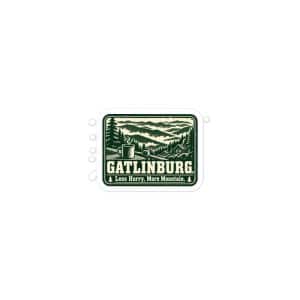 Gatlinburg and the Smokies Vinyl Sticker: Gatlinburg. Less Hurry, More Mountain, Forest Ink Stamp - 3″×3″ - Main
