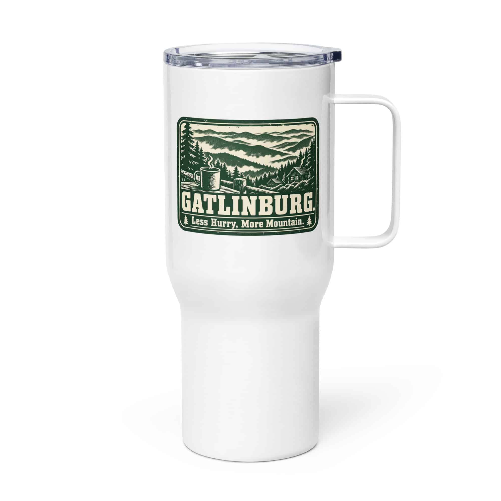 Gatlinburg and the Smokies Travel Mug: Gatlinburg. Less Hurry, More Mountain, Forest Ink Stamp
