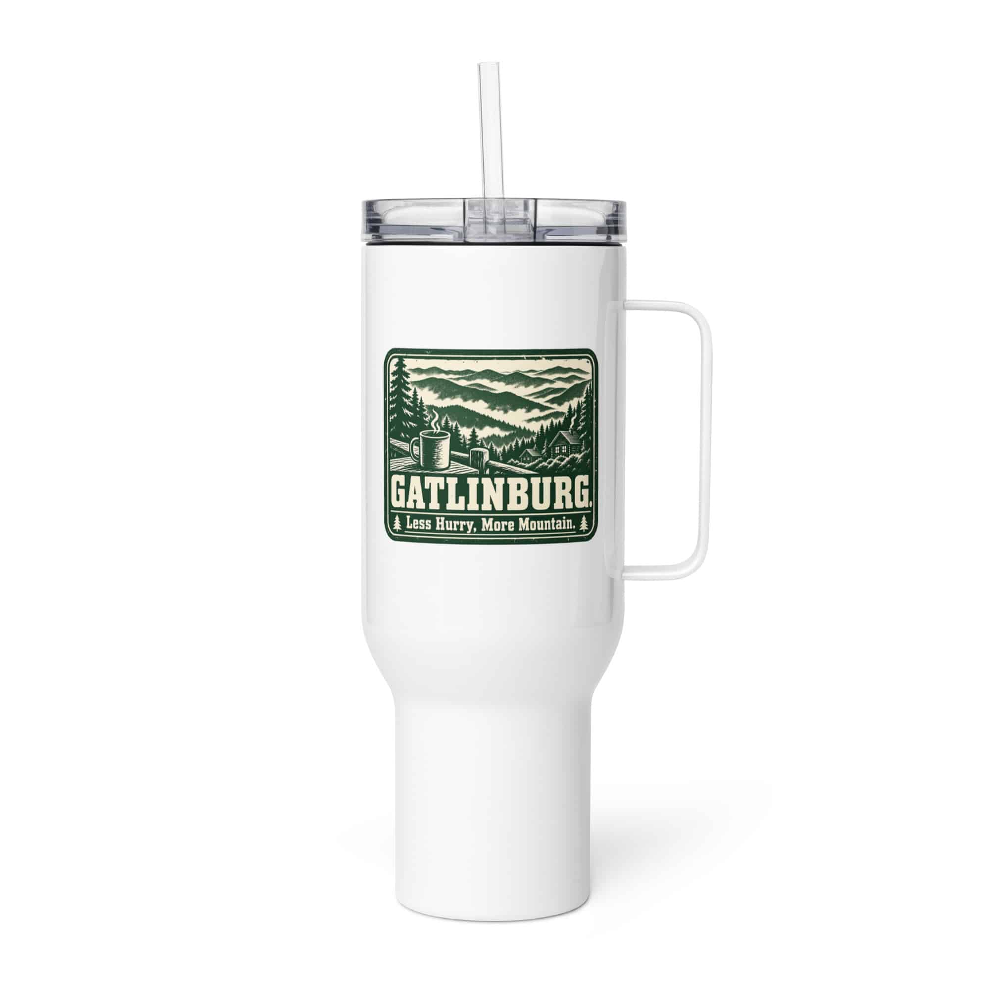 Gatlinburg and the Smokies Travel Mug: Gatlinburg. Less Hurry, More Mountain, Forest Ink Stamp