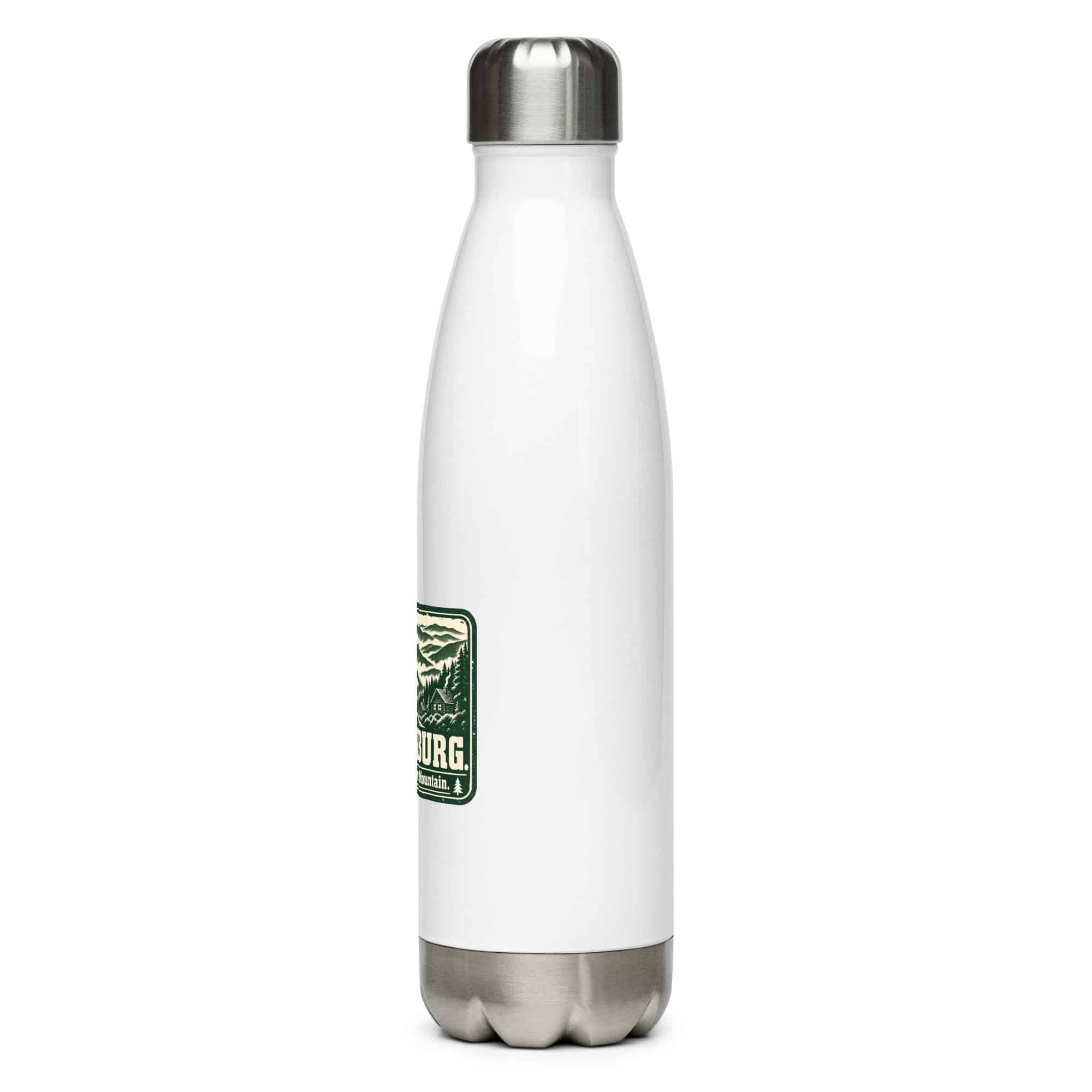 Gatlinburg and the Smokies Stainless Steel Water Bottle: Gatlinburg. Less Hurry, More Mountain, Forest Ink Stamp