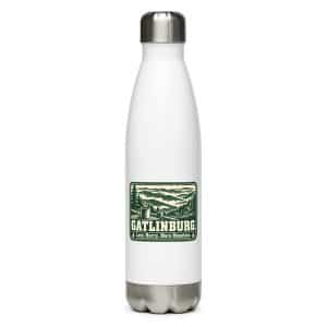 Gatlinburg and the Smokies Stainless Steel Water Bottle: Gatlinburg. Less Hurry, More Mountain, Forest Ink Stamp - 17 oz - Main