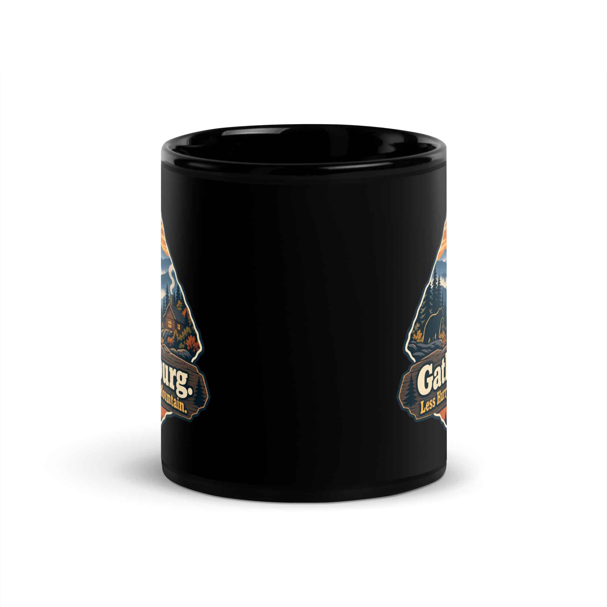 Gatlinburg and the Smokies Black Coffee Mug: Gatlinburg. Less Hurry, More Mountain, Scenic Shield Badge