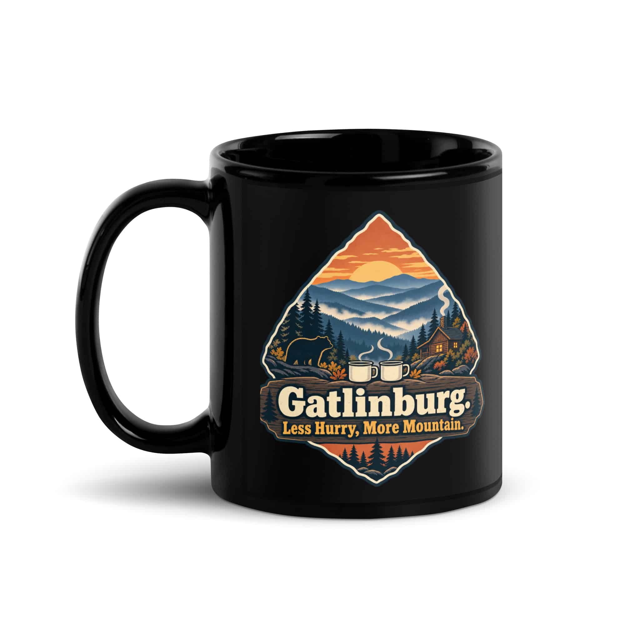 Gatlinburg and the Smokies Black Coffee Mug: Gatlinburg. Less Hurry, More Mountain, Scenic Shield Badge