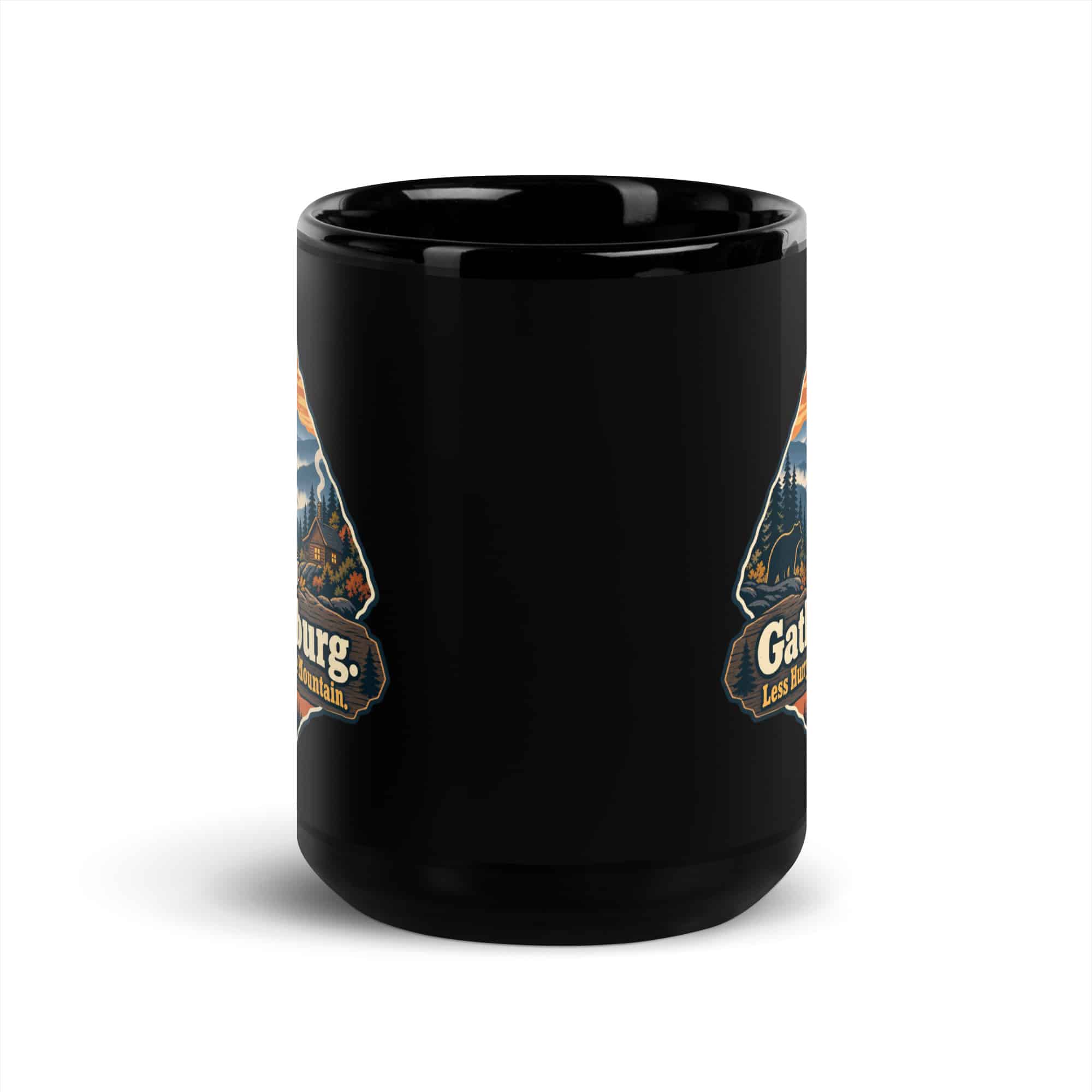 Gatlinburg and the Smokies Black Coffee Mug: Gatlinburg. Less Hurry, More Mountain, Scenic Shield Badge