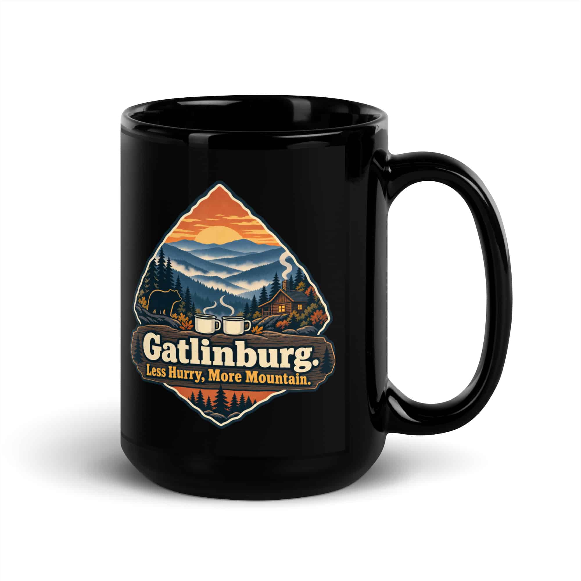 Gatlinburg and the Smokies Black Coffee Mug: Gatlinburg. Less Hurry, More Mountain, Scenic Shield Badge