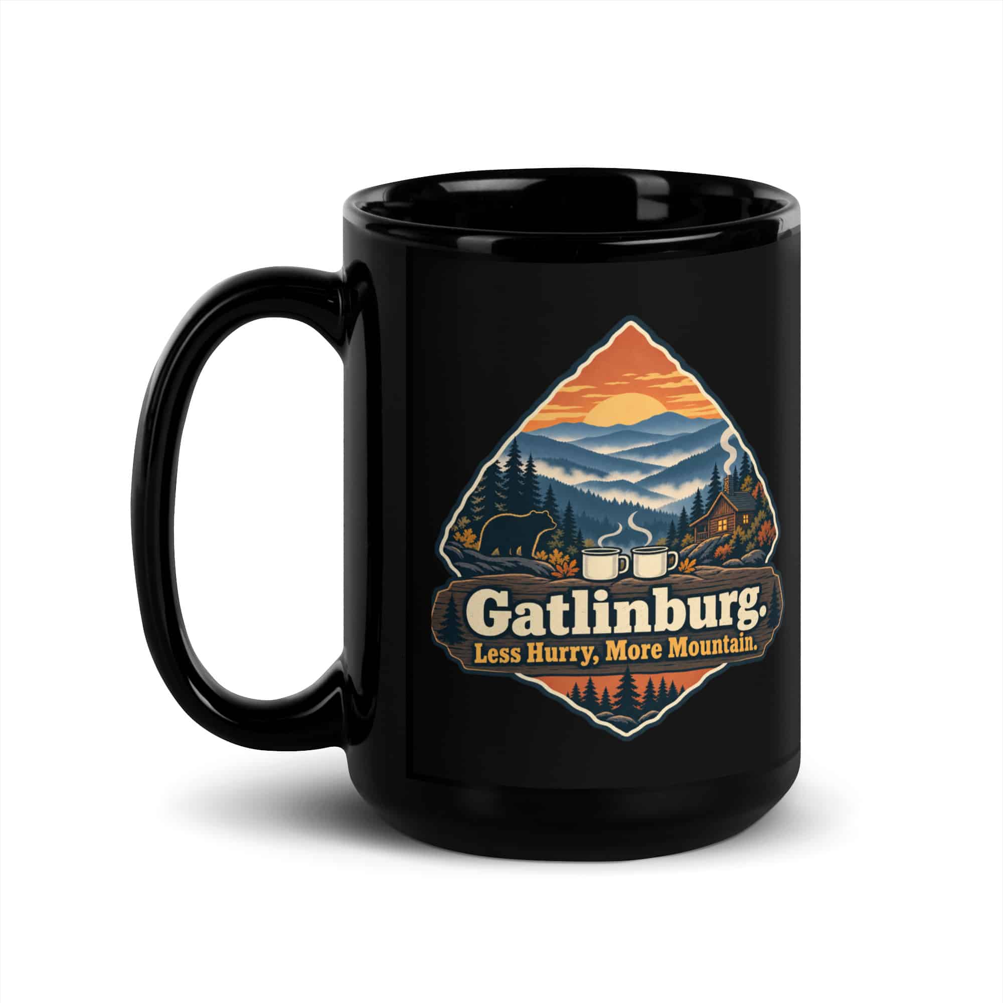 Gatlinburg and the Smokies Black Coffee Mug: Gatlinburg. Less Hurry, More Mountain, Scenic Shield Badge