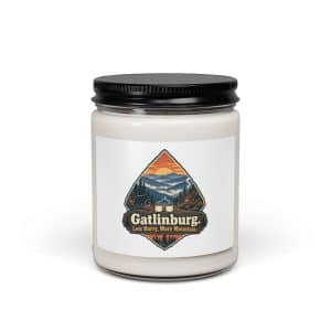 Gatlinburg and the Smokies Soy Wax Candle: Gatlinburg. Less Hurry, More Mountain, Scenic Shield Badge - 9oz - Main