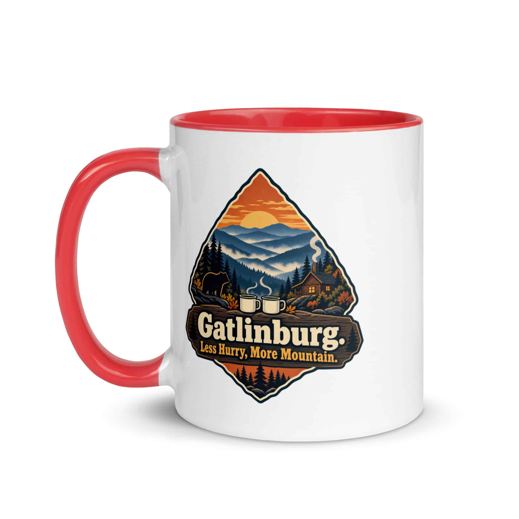 Gatlinburg and the Smokies Color Inside Coffee Mug: Gatlinburg. Less Hurry, More Mountain, Scenic Shield Badge