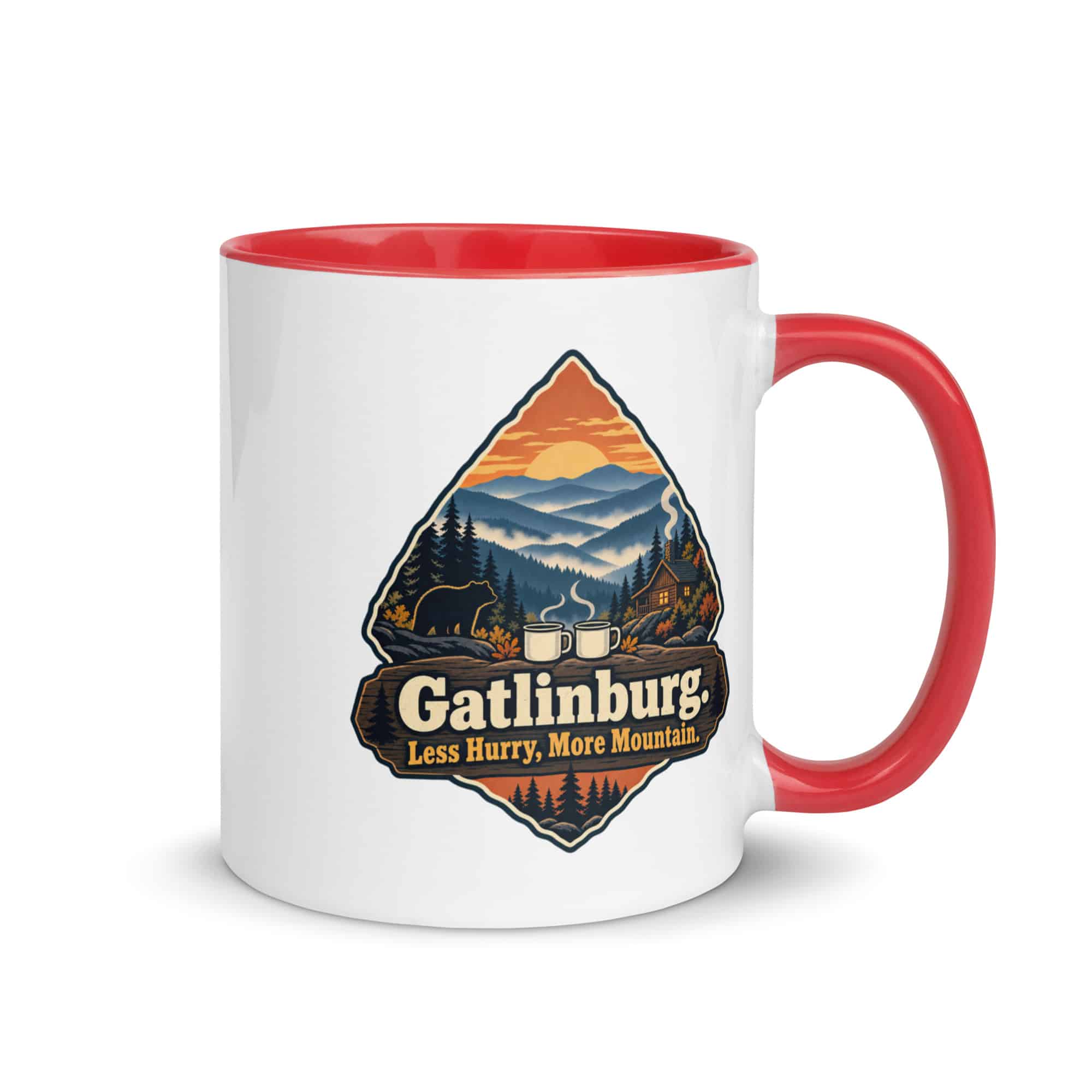 Gatlinburg and the Smokies Color Inside Coffee Mug: Gatlinburg. Less Hurry, More Mountain, Scenic Shield Badge