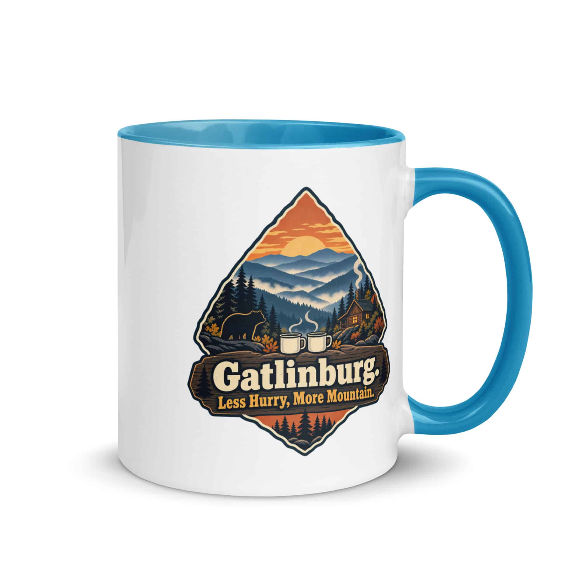 Gatlinburg and the Smokies Color Inside Coffee Mug: Gatlinburg. Less Hurry, More Mountain, Scenic Shield Badge