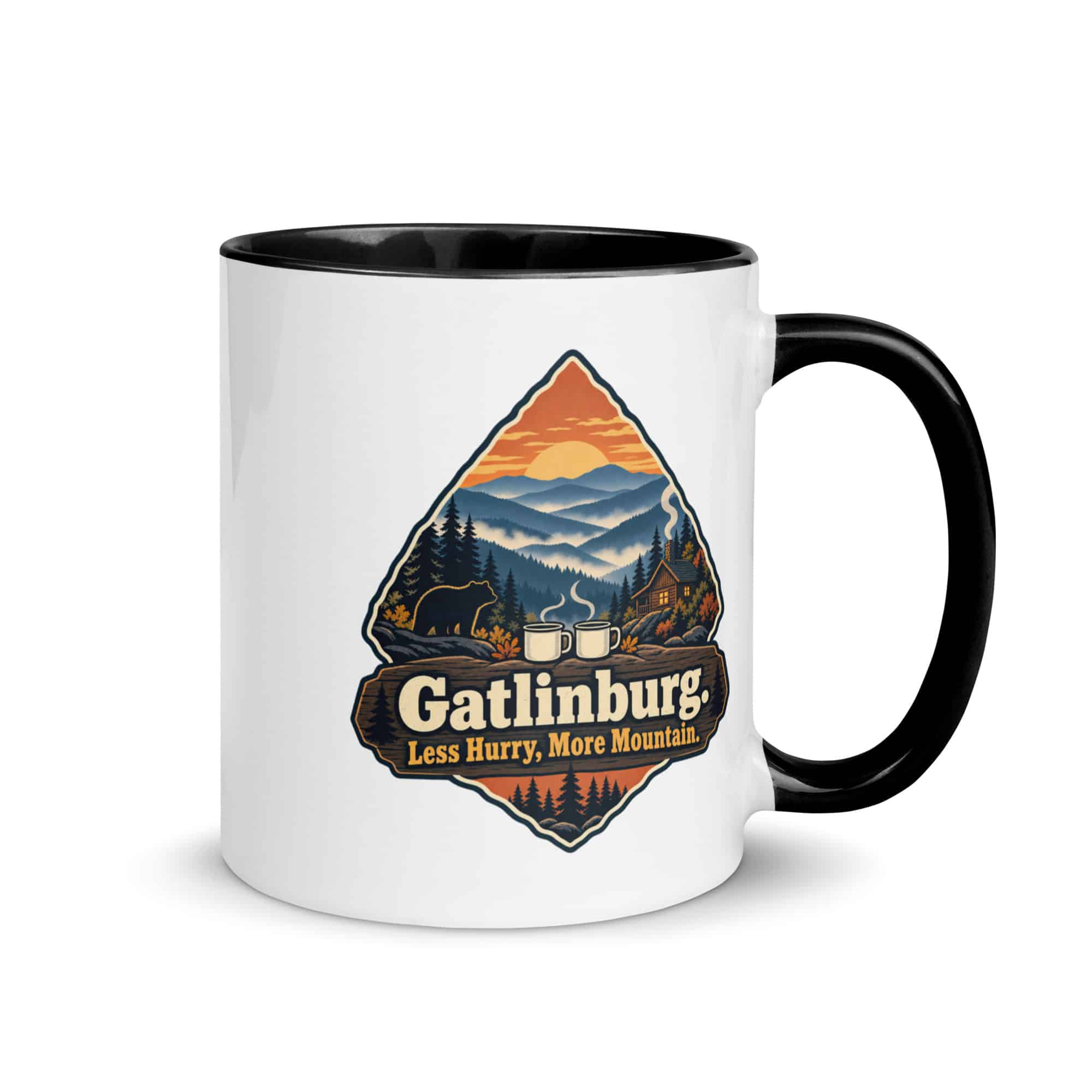 Gatlinburg and the Smokies Color Inside Coffee Mug: Gatlinburg. Less Hurry, More Mountain, Scenic Shield Badge