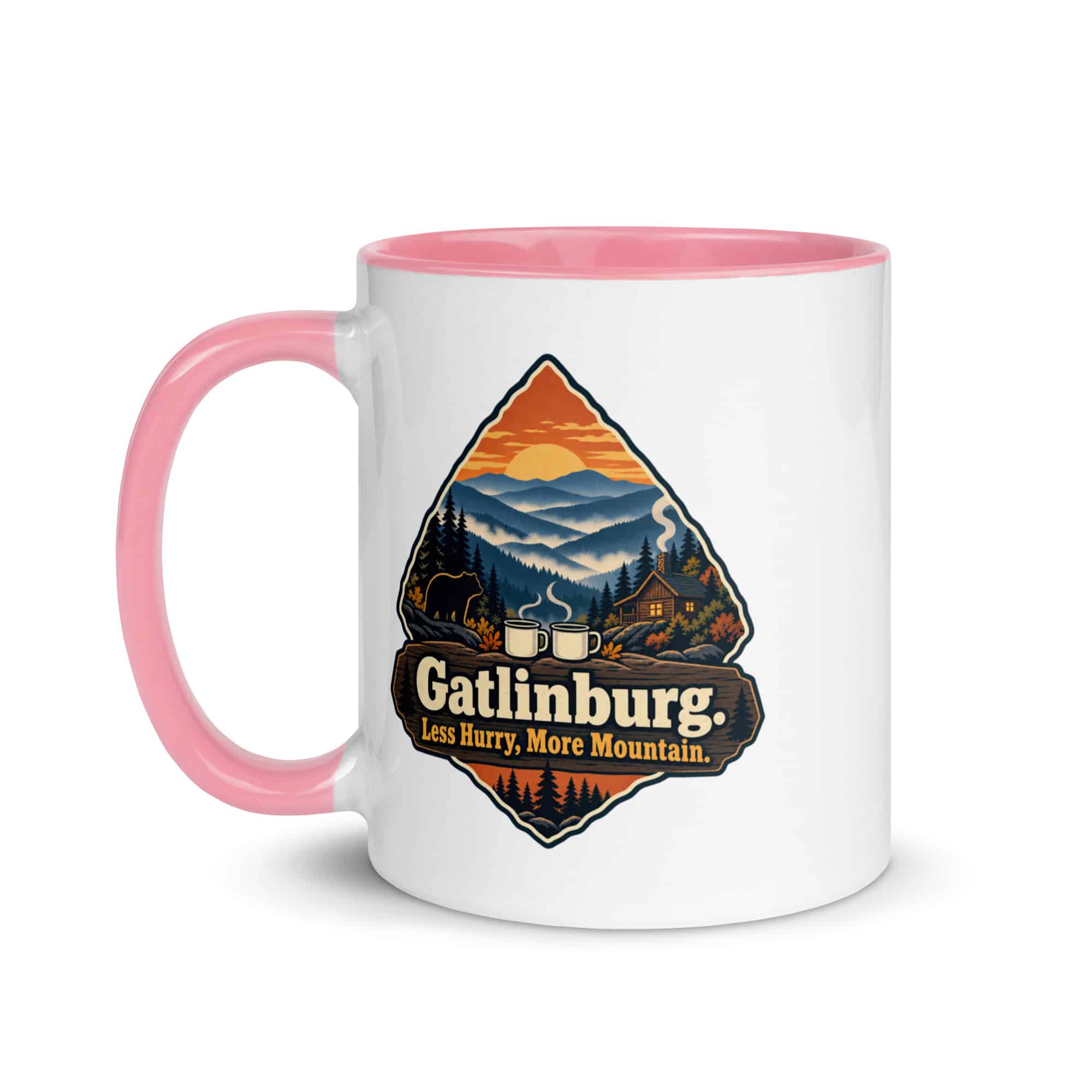 Gatlinburg and the Smokies Color Inside Coffee Mug: Gatlinburg. Less Hurry, More Mountain, Scenic Shield Badge