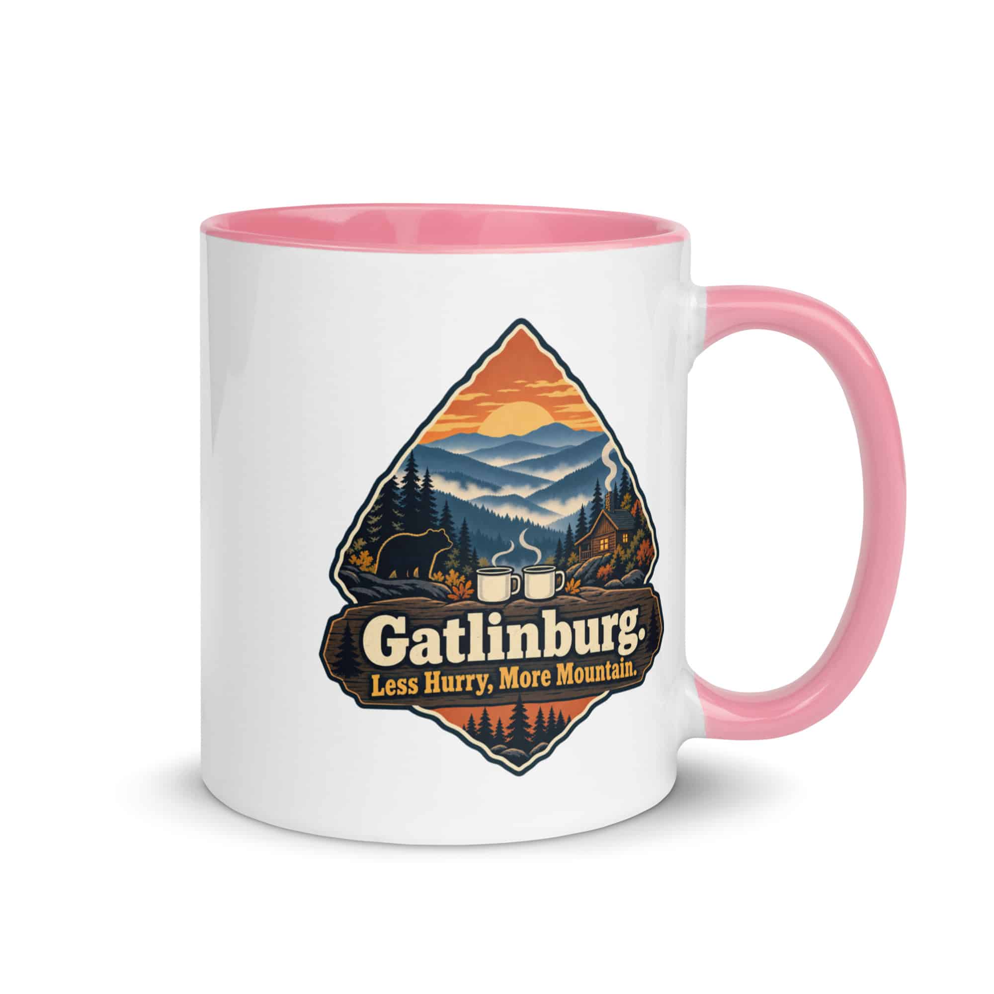 Gatlinburg and the Smokies Color Inside Coffee Mug: Gatlinburg. Less Hurry, More Mountain, Scenic Shield Badge