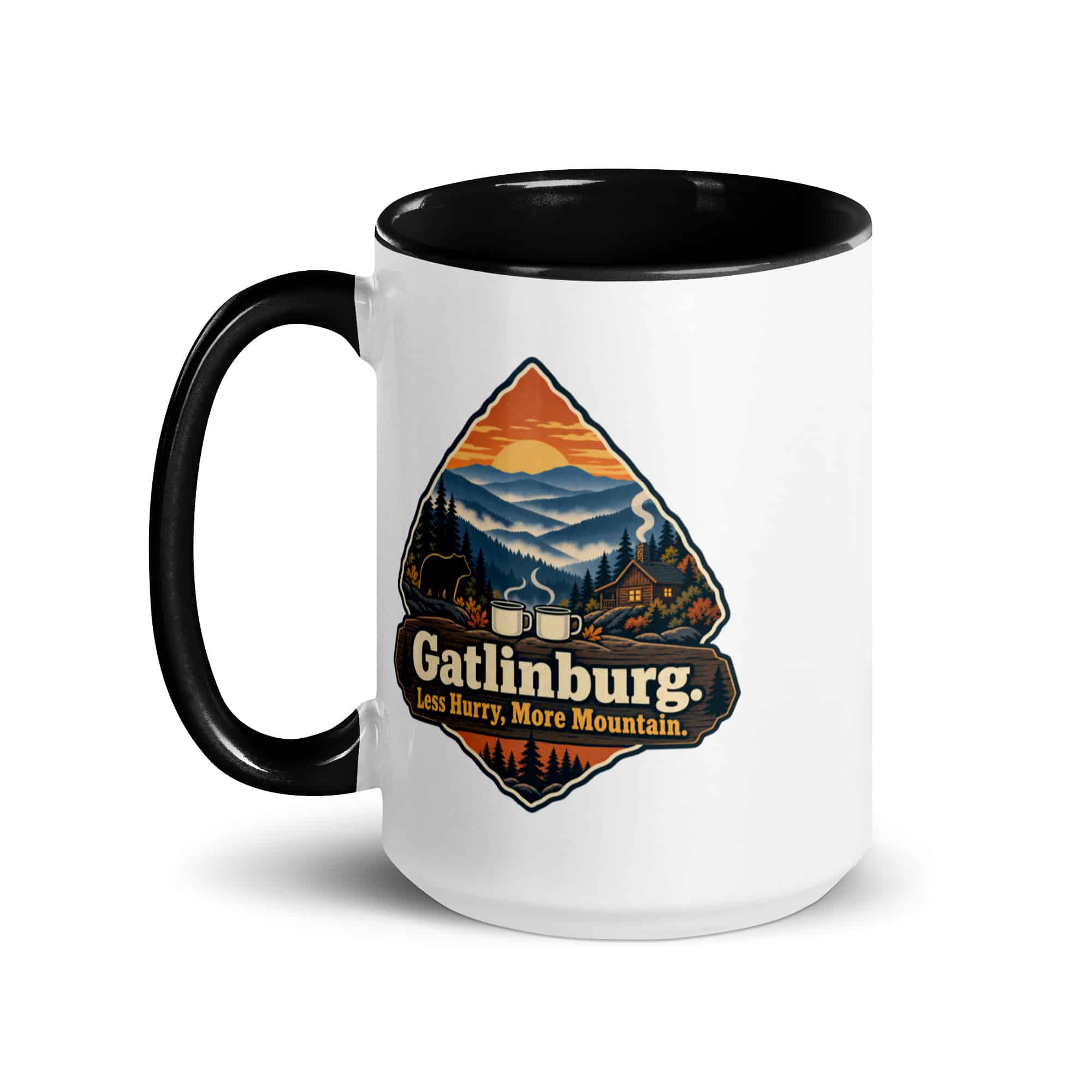 Gatlinburg and the Smokies Color Inside Coffee Mug: Gatlinburg. Less Hurry, More Mountain, Scenic Shield Badge